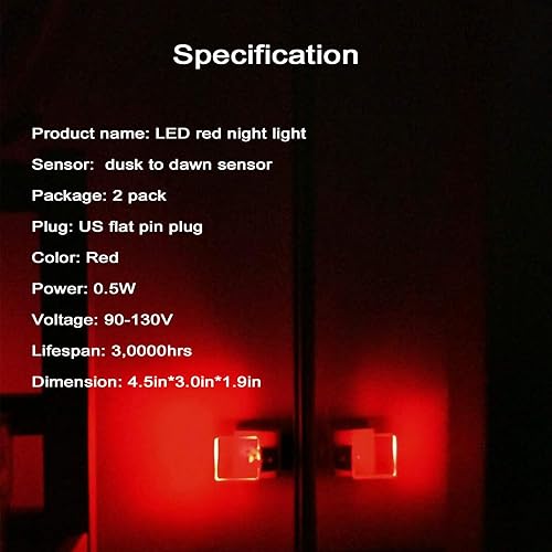 Miniatura 3 de Paquete de 2 luces nocturnas rojas enchufables, luz nocturna de luz roja de 0.5 W con sensor de atardecer a amanecer, luz nocturna LED de encendido