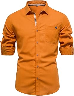 WINDEHAO Men's Turn-down Collar Cotton Shirt,Casual Embroidered Solid Long Sleeve Shirt Breathable Button Down Business Blouse