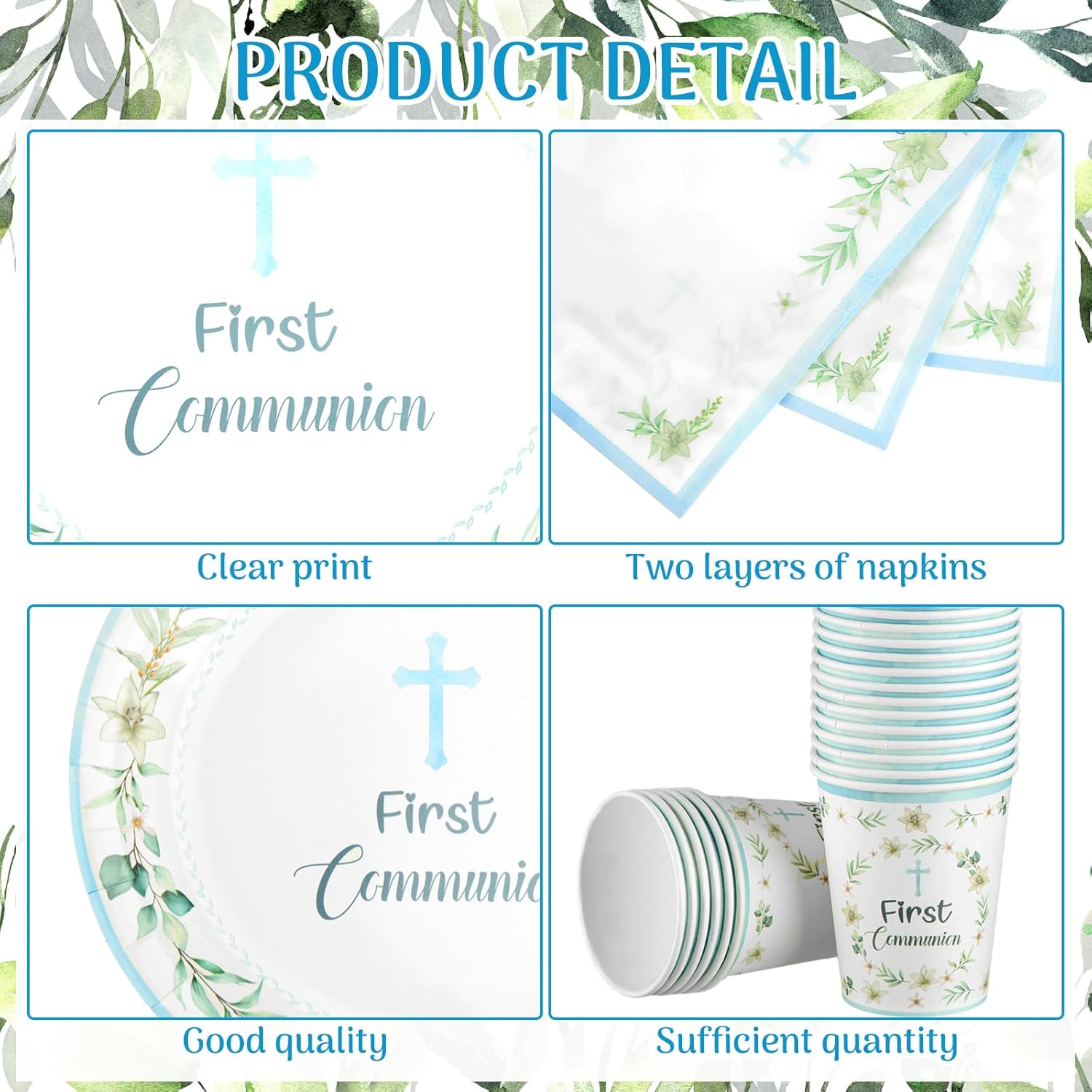 200 Pcs First Holy Communion Disposable Tableware Set Blue God Bless Baptism Disposable Paper Plates Napkins and Cups for Dessert Christening Celebration Eucharist Party Supplies