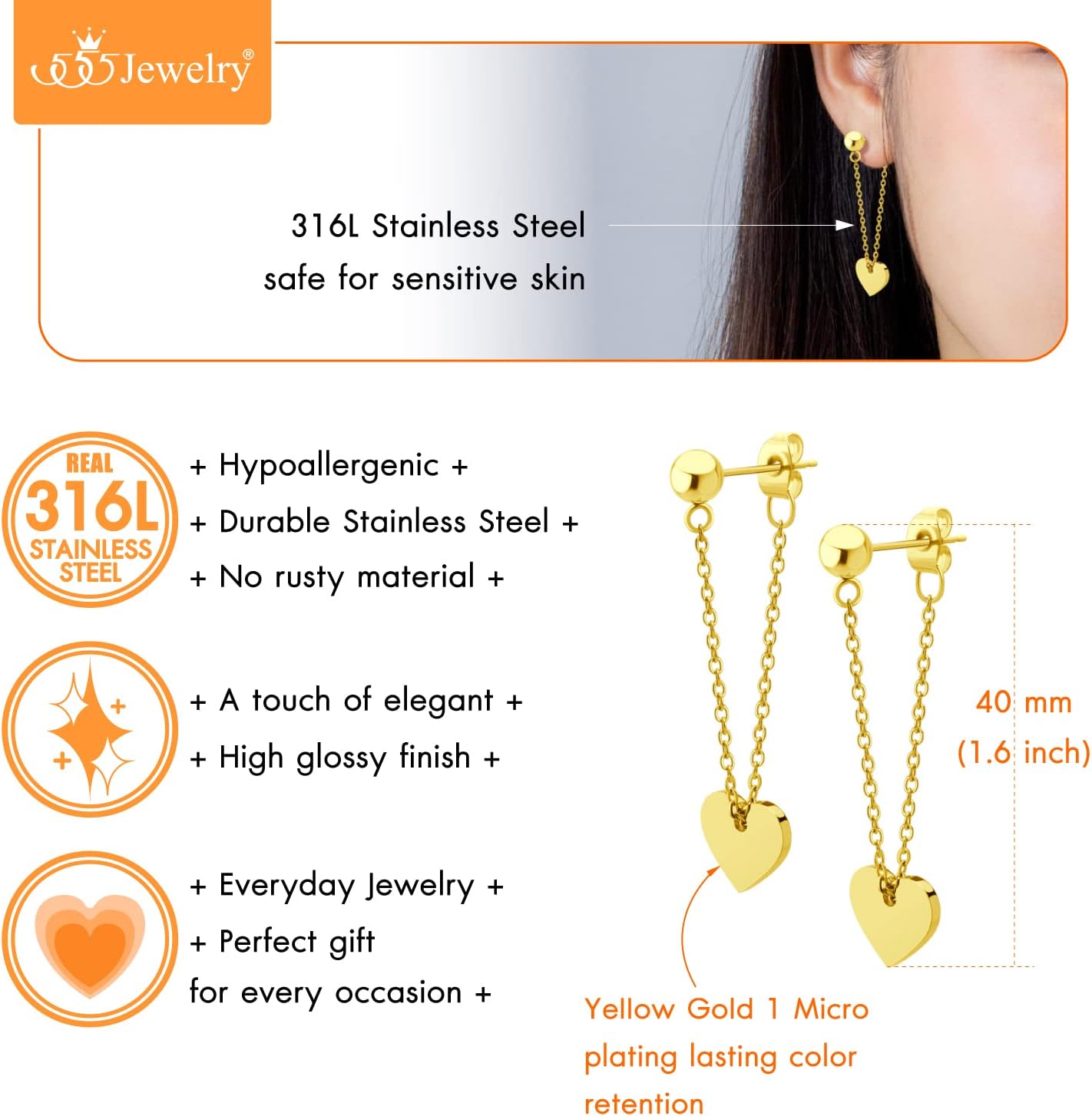 ‎555Jewelry Stainless Steel Threader Dangle Heart Earrings for Women, Hypoallergenic Fashion Stud Earrings - Image 6