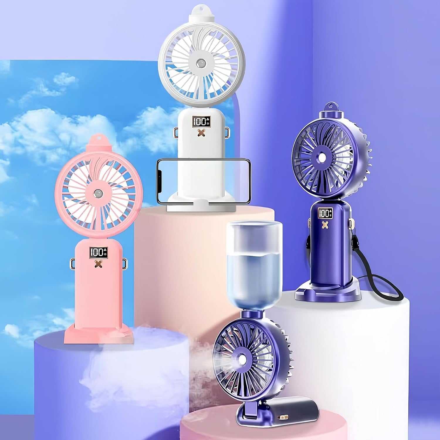 Fay Bless Hadheld Misting Fan Portable Rechargeable Personal Mister Fan, 3000mAh Battery Operated Spray Water Mist Fan with 5Speeds,LED Display,90°Foldable Cooling Fan (Pink)