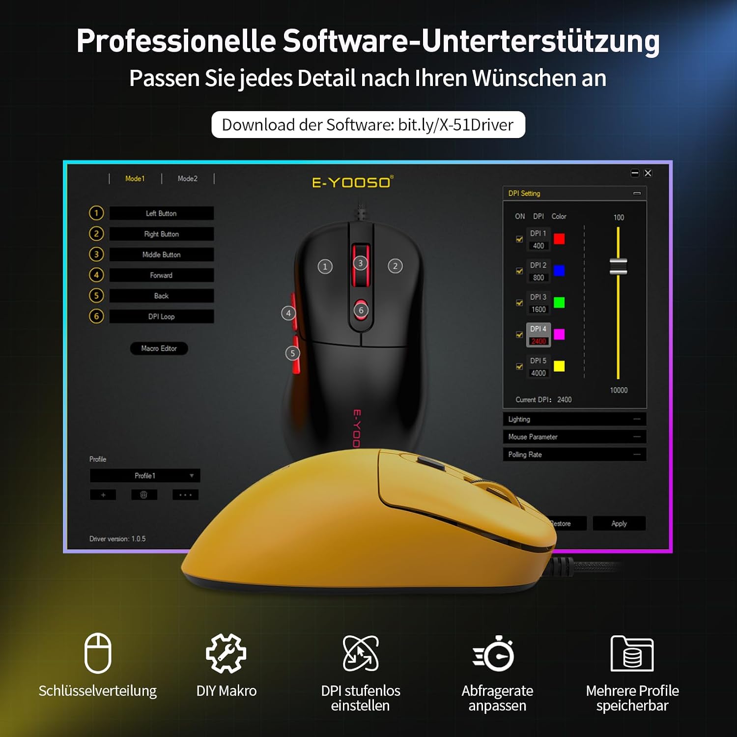 E-Yooso X51 Gaming Mouse software interface for button programming and DPI settings
