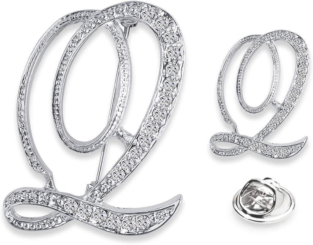 A-Z Woman’s Letter Initial Brooch Pins, Silver Clear Crystal Rhinestone Breastpins Letter Stocking Pins 2size/package