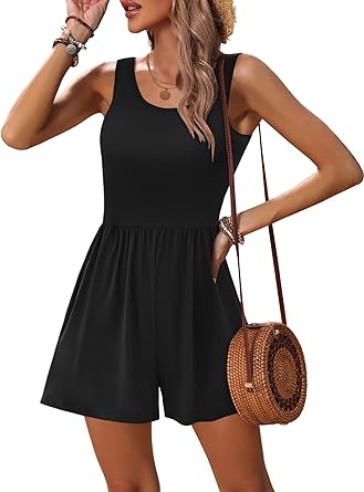 Ekouaer Rompers for Women Summer Romper Sleeveless Scoop Neck Short Jumpsuits for Women Beach Jumpsuit with Pockets 2026