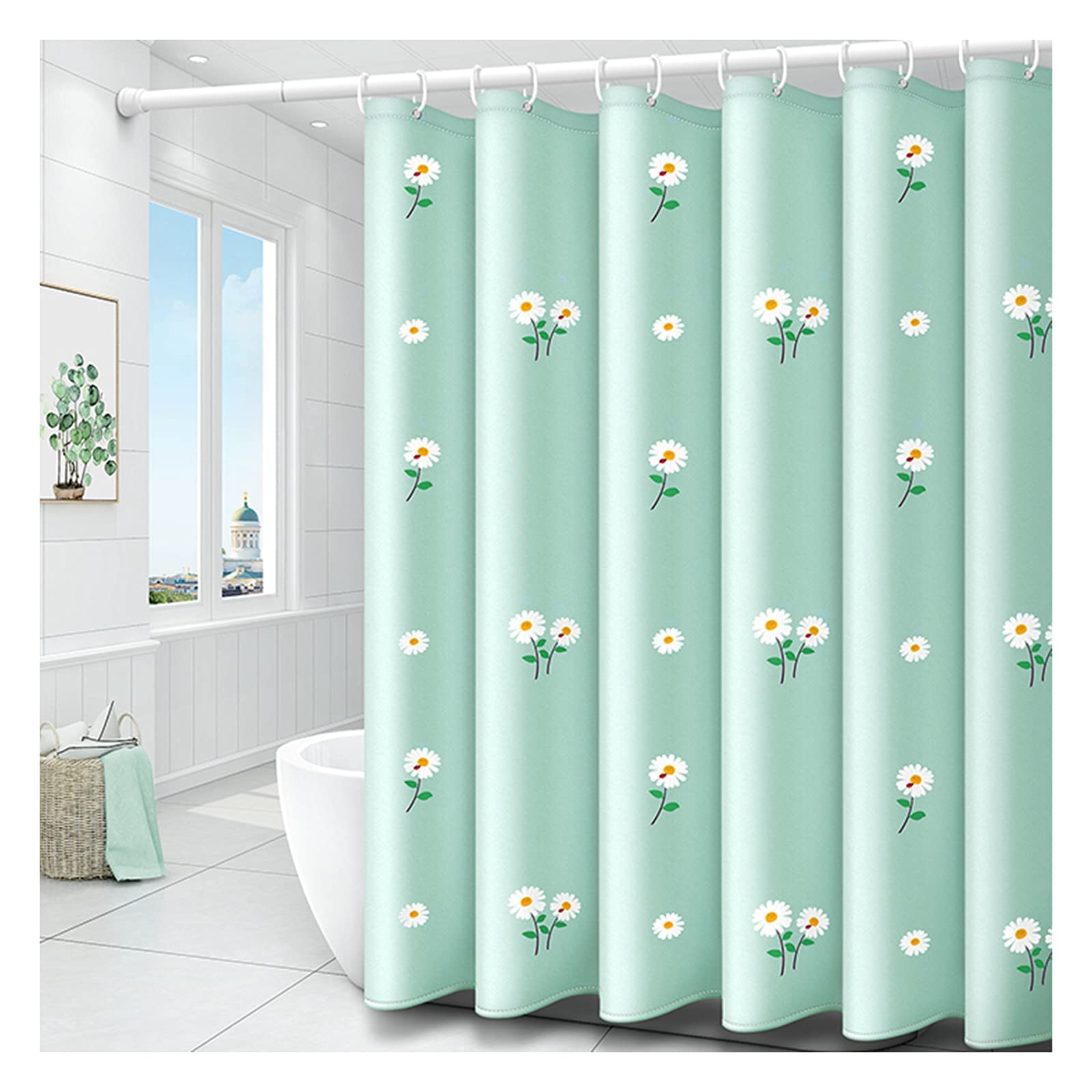 Rideau de douche vert daisy pour créer une ambiance de spa scandinave dans votre salle de bain