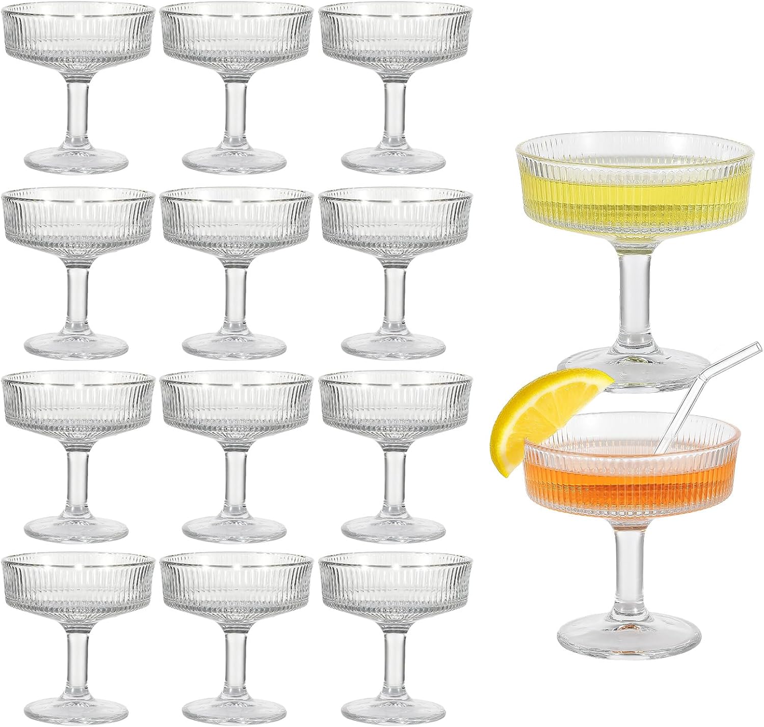 Garvee 12-Pack Ribbed Coupe Glasses - 7Oz Vintage Martini Glasses Set, Crystal Clear Whiskey Cocktail Cups (4.25" Tall) for Home Bar, Wedding Gifts - Shatter-Resistant Packaging (1)