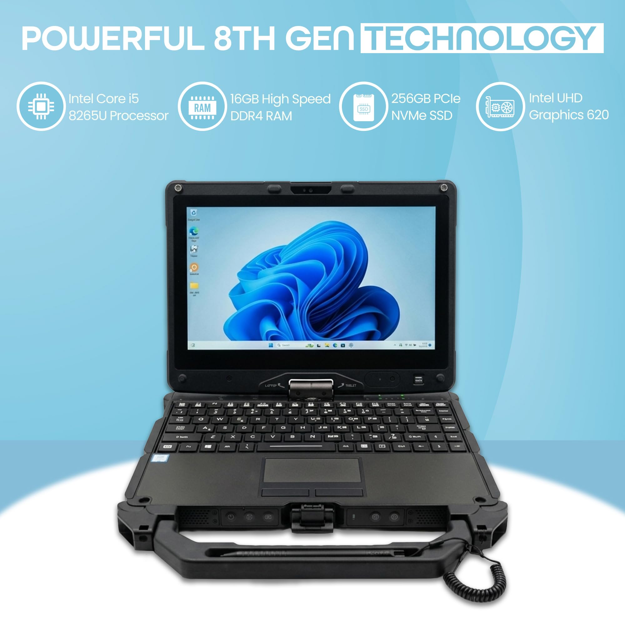 Refurbished Getac V110 G5 Rugged Convertible Laptop, i5-8265U, 16GB RAM, 256GB NVMe SSD, 11.6" FHD 800 Nits LumiBond, Hot-Swap Battery, Windows 11 Pro, 4G LTE, IP65 Used Condition 1 Year Warranty — view 2
