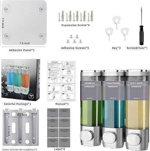 Miniatura 7 de chinensis Dispensador de champú de ducha montado en la pared, dispensador de jabón de 3 cámaras, dispensador de champú y acondicionador, dispensador
