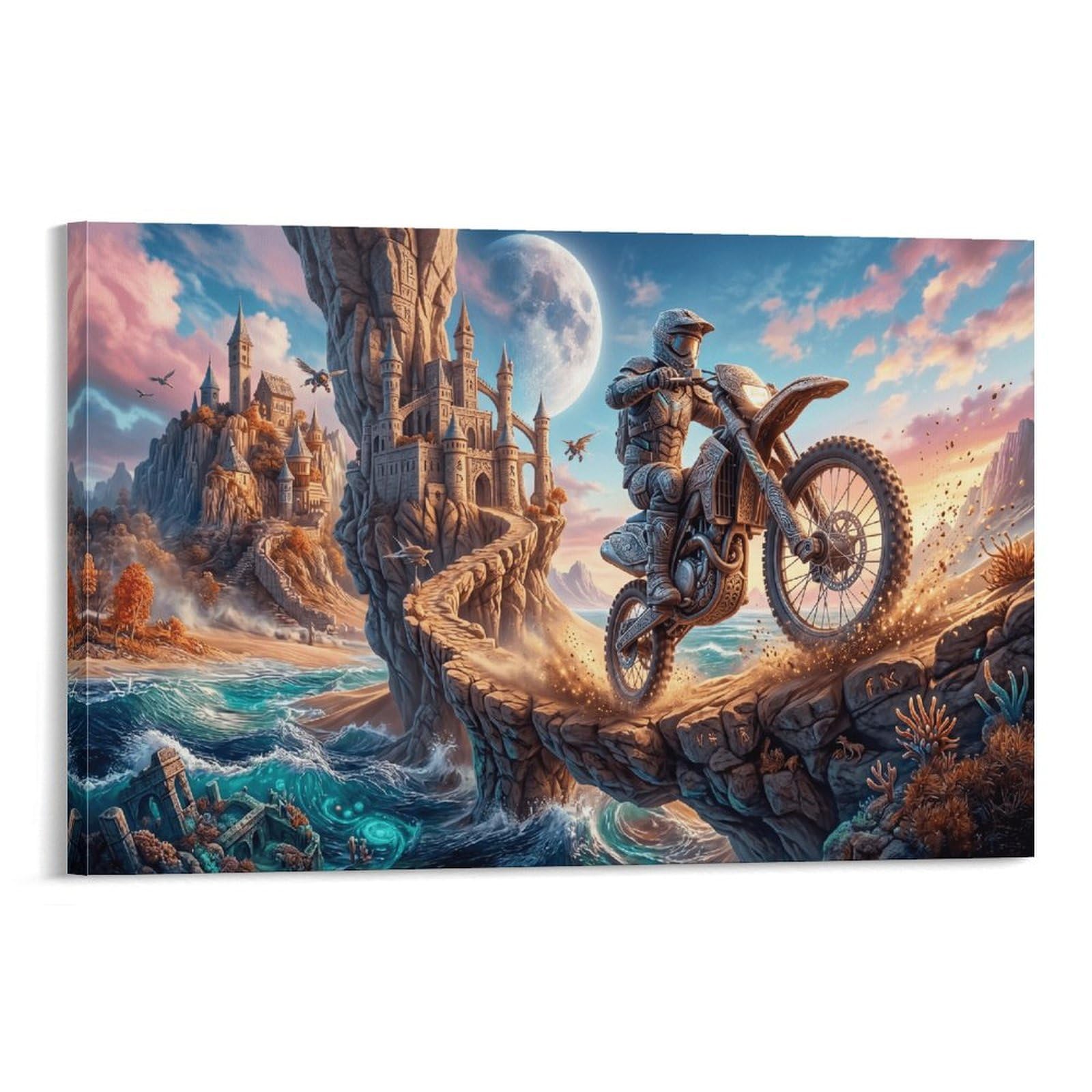 XPASHIQWC Motocross Rider Poster Artwork Cliff Castle Giclee Canvas Prints Modern Canvas Wall Art Picture Wall Hanging for Living Room Home Decorations 20x30inch(50x75cm)