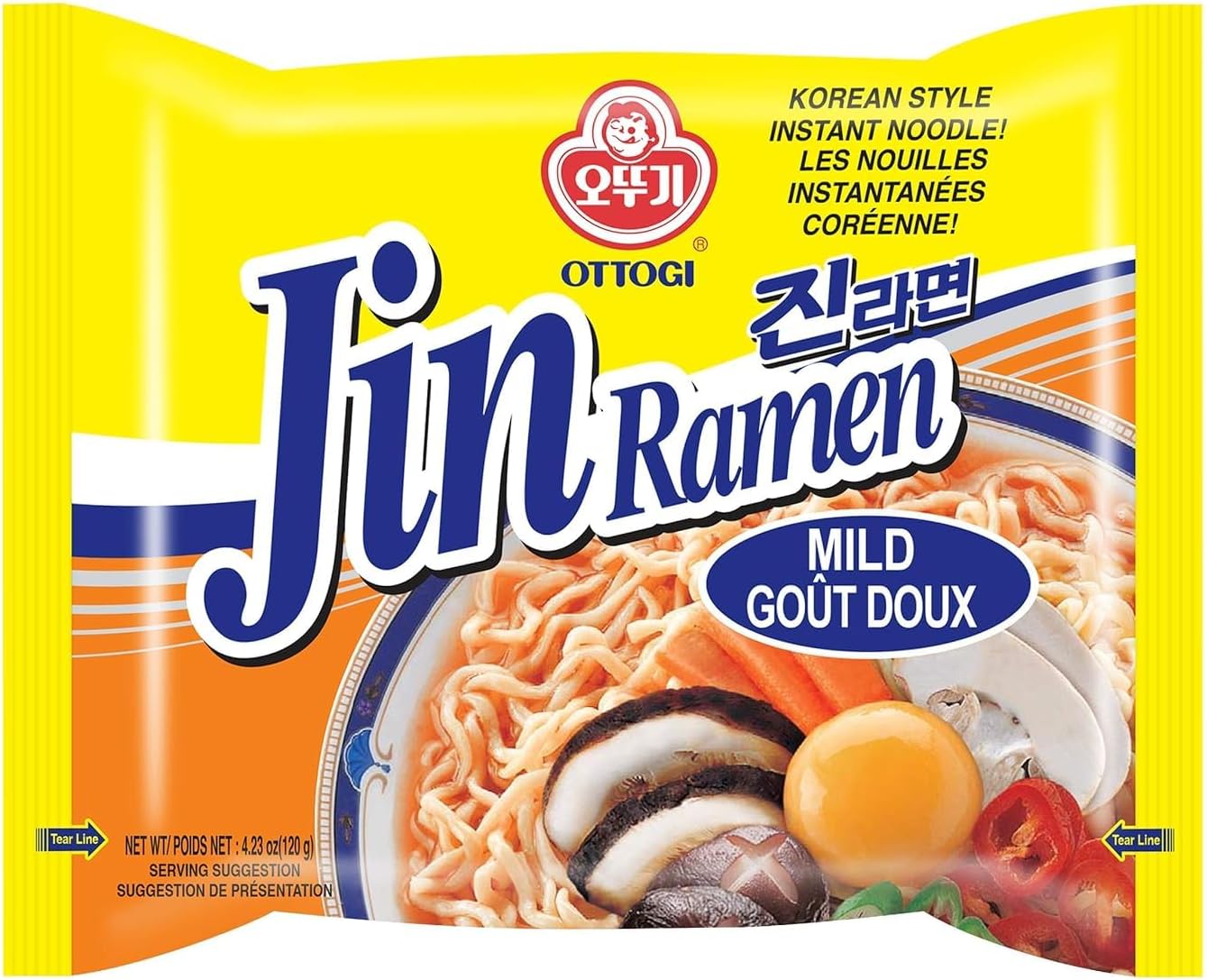 OTTOGI Jin Ramen Mild Flavor, Authentic Korean Instant Noodle, Genuine Korean Ramen Soup Mix, 4.23oz x 4 Pack