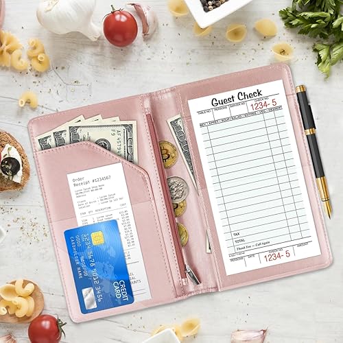 Miniatura 6 de WAVEYU Lindos libros de servidor para camarera, bloc de notas de cuero con cremallera, organizador de dinero, cartera organizadora de dinero,