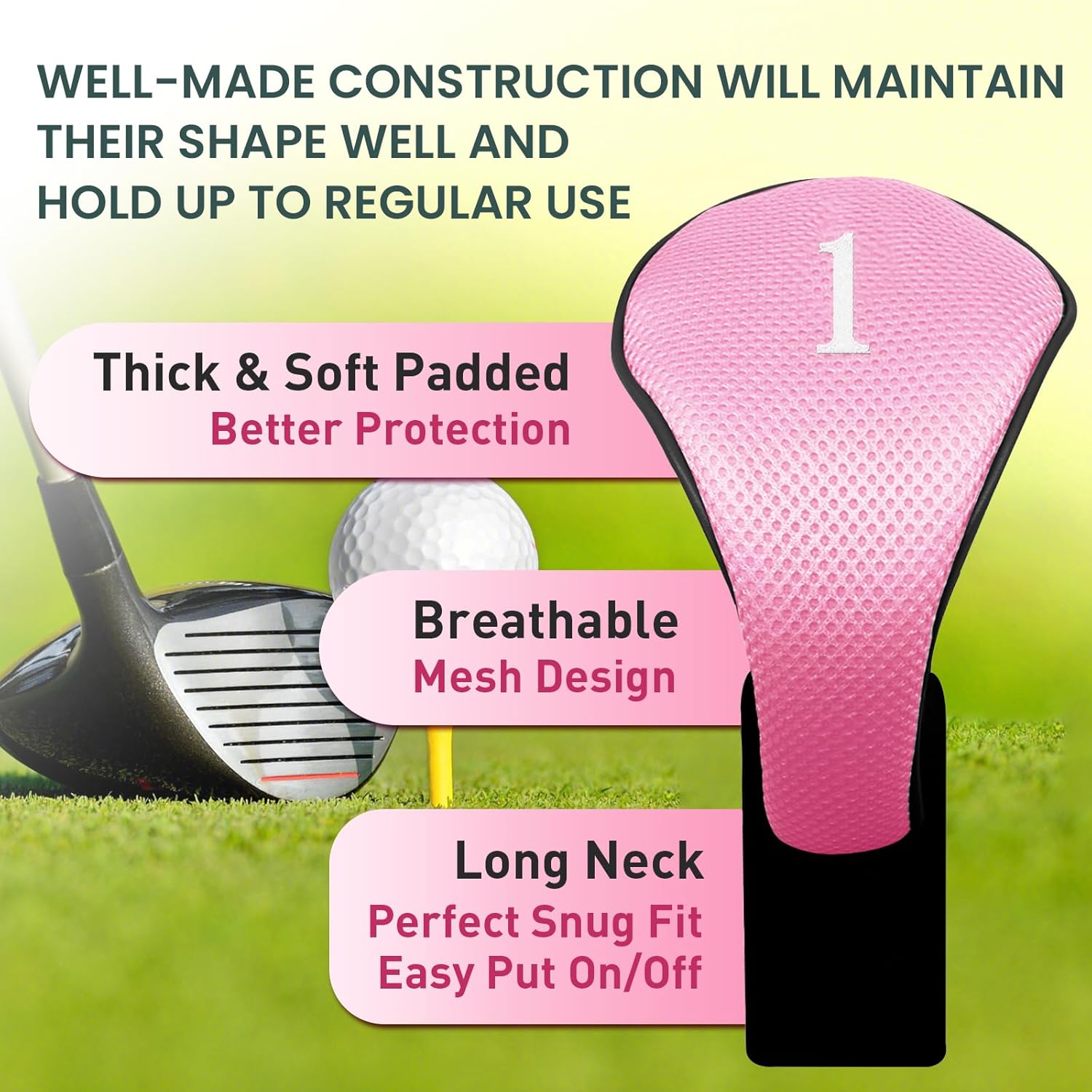 Golf Club Head Covers for Woods Driver Fairway Hybrids Value 6 Pack, Long Neck for Serious Protection with Interchangeable Tags 3 4 5 7 X, Headcovers for Men Women in Black & Pink