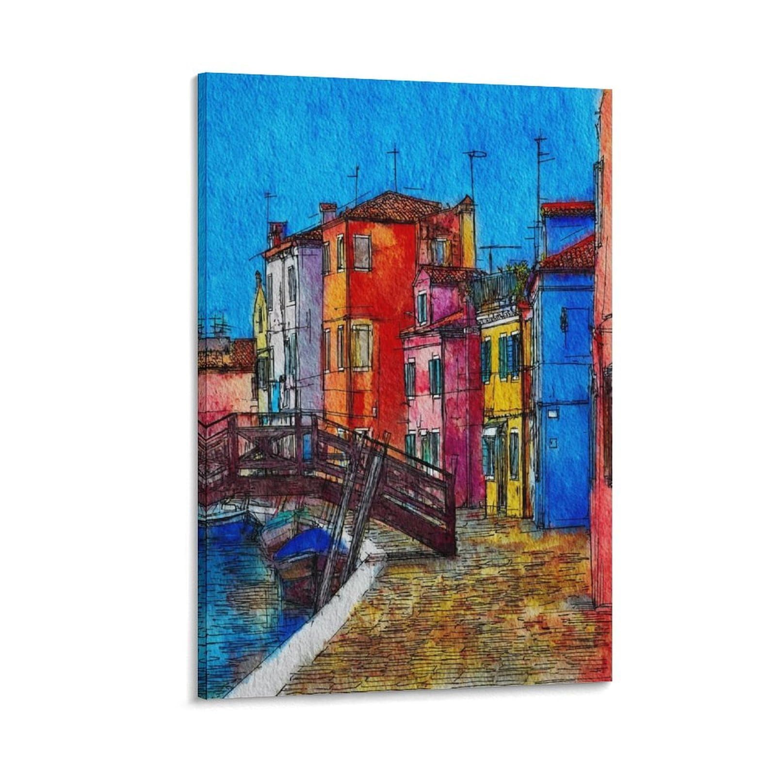 Lcynnh Frame-Style Burano Italy 08X12inch(20X30cm) Vintage Travel Poster Watercolor Canvas Art