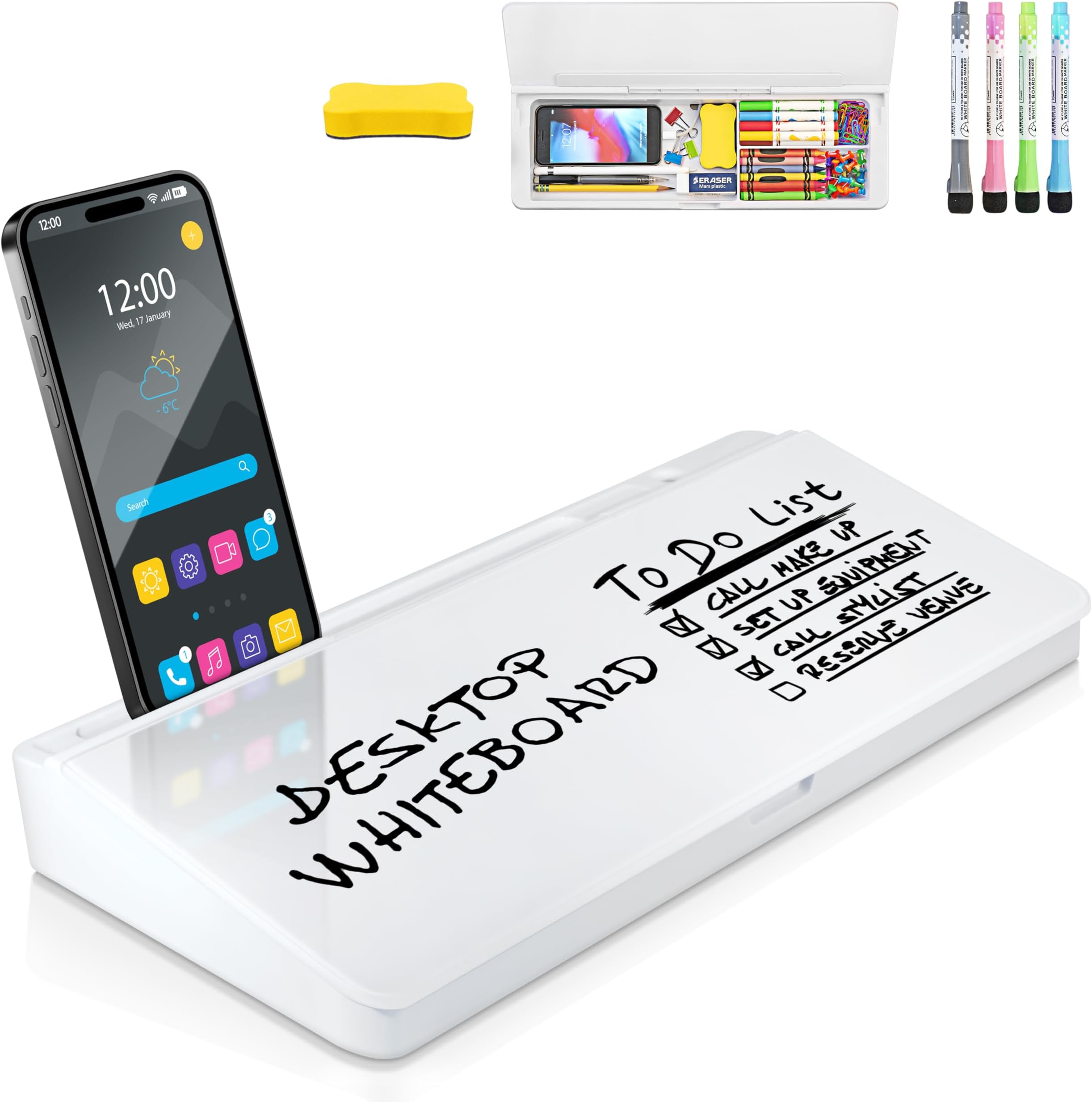 Desktop Whiteboard - Glass Dry Erase White Board- Desk Computer Buddy – Home Office & Studying Essentials - Desktop Pad with Phone & Tablet Slot, Storage Compartment - Includes 4 Markers, 1 Eraser