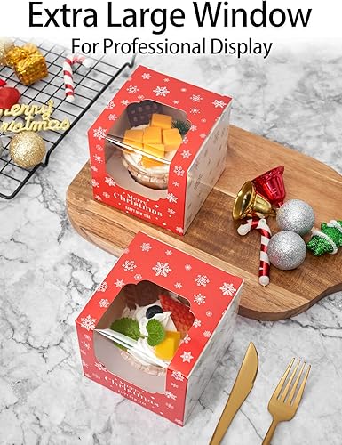 Miniatura 9 de Cajas para cupcakes de Navidad, 50 unidades, caja individual de papel kraft marrón con árboles de Navidad y ventana para vacaciones, mini cajas de