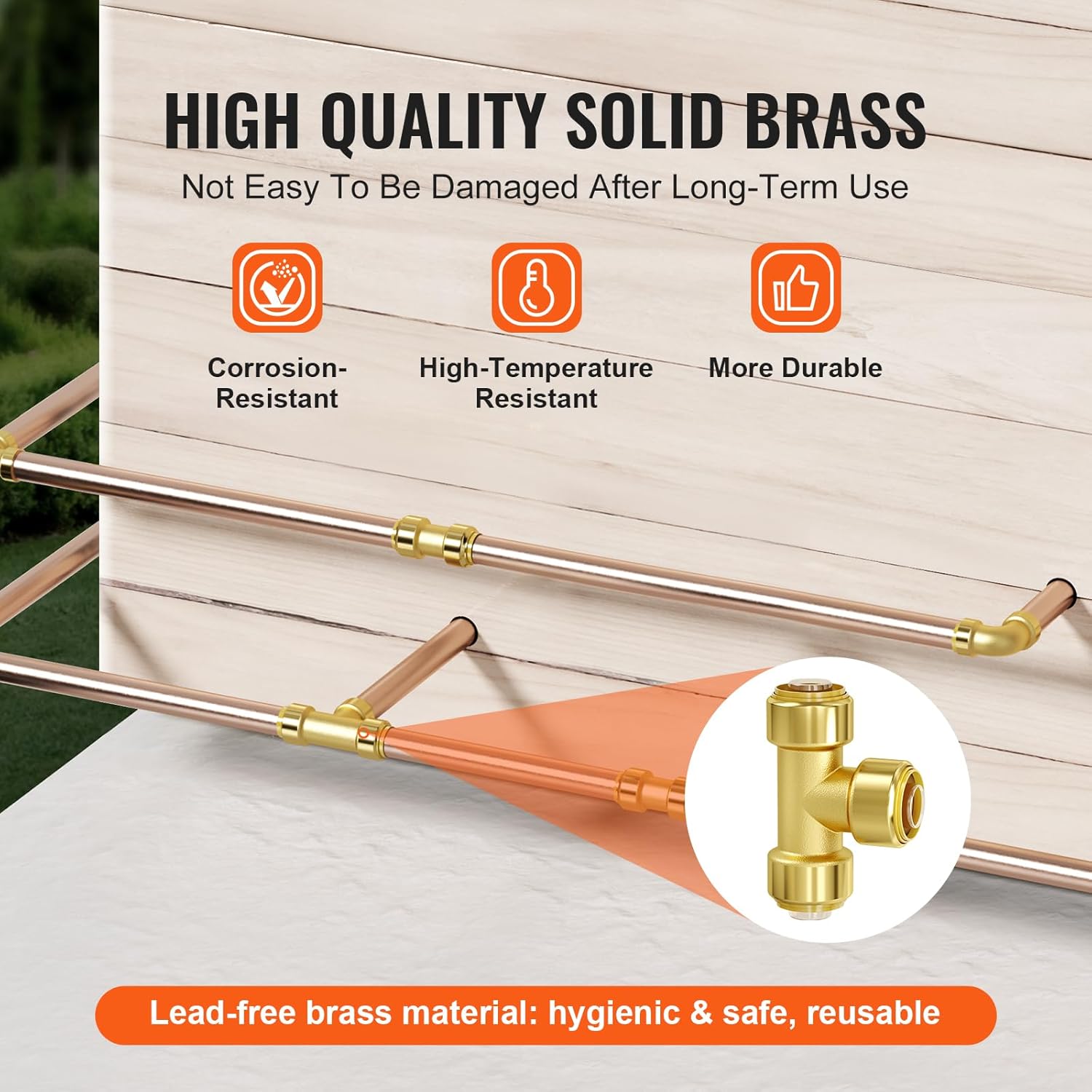 VEVOR Pipe Fittings, 1/2" 12PCS Tee Brass Pipe Fittings, Push-Fit Pipe Connector Brass Air Fittings, Heavy Duty Plumbing Fittings Adapter for Heating/Shower Systems, Water Pipes