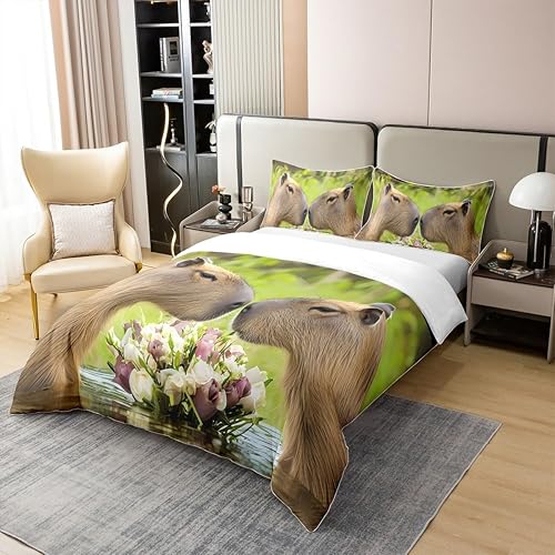 Miniatura 3 de Capybara - Juego de funda de edredón 100% algodón, tamaño individual, para niños, amantes de los animales, juego de funda de edredón para niños,