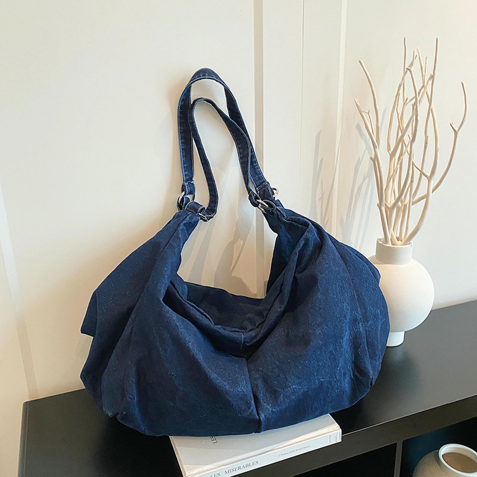 Borsa Donna in Denim per Ravioli retrò Moda Semplice Casual Pieghettata Studenti-Nero