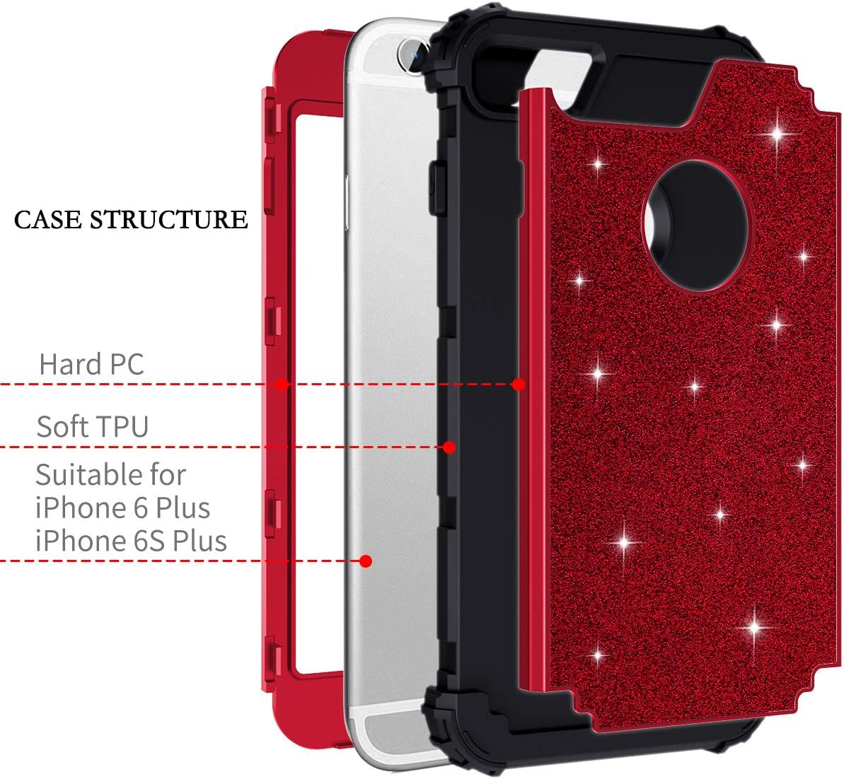 Casetego Compatible with iPhone 6S Plus Case,iPhone 6 Plus Case,Glitter Sparkle Bling Three Layer Heavy Duty Hybrid Sturdy Shockproof Protective Cover Case for Apple iPhone 6 Plus/6S Plus,Shiny Red