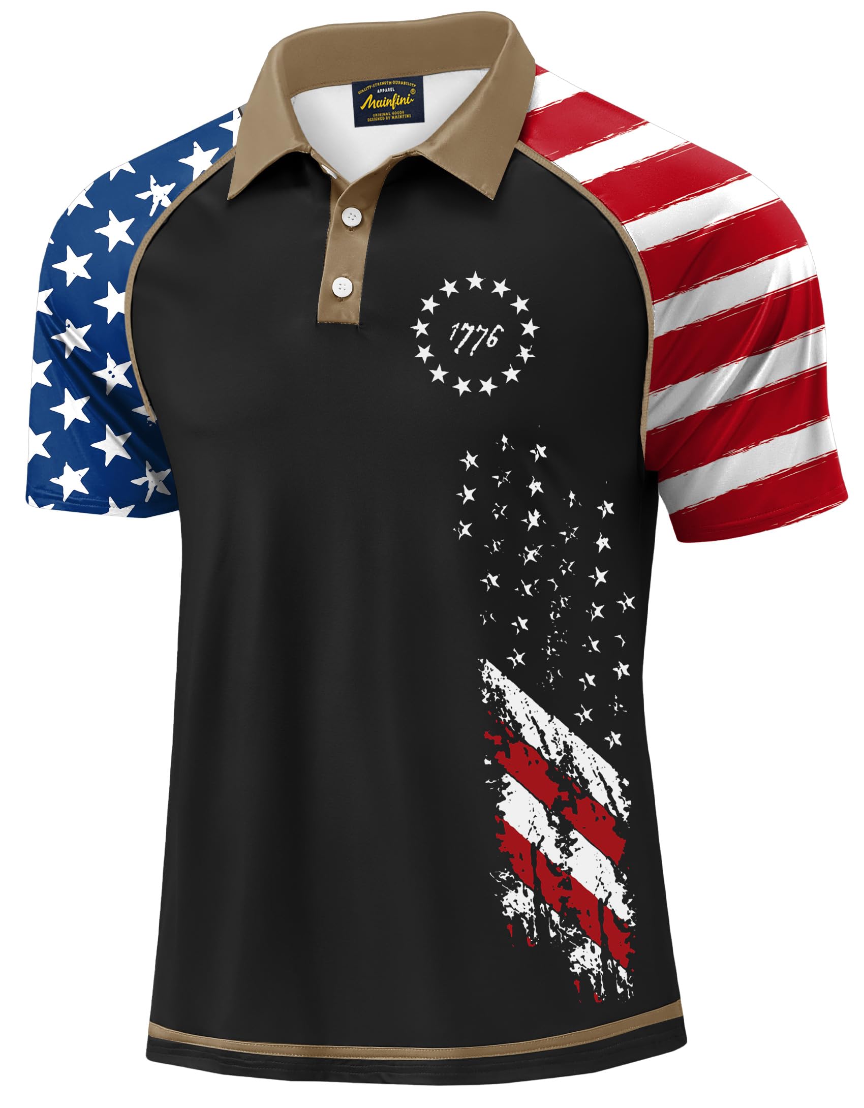 Photo 1 of Mainfini Men Patriotic Polo UPF 50 Distressed Vintage Printed Golf Shirts American Flag Funny Novelty 4th of July Fourth 1776 USA National Black Splicing L