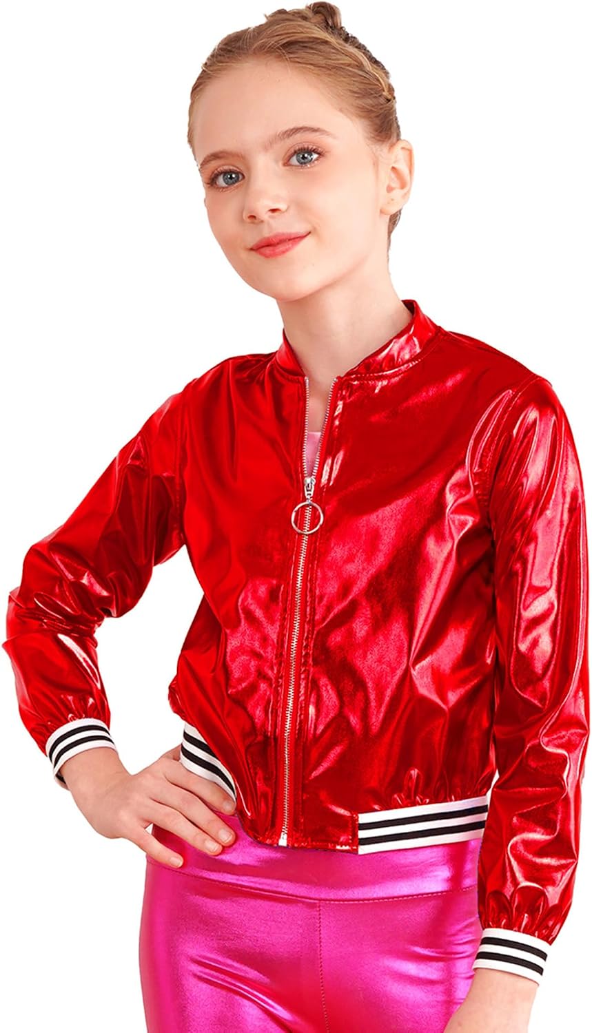 Kids Girls Boys Metallic Baseball Jacket Shiny Long Sleeve Bomber Jacket Jazz Hip-hop Street Dance Coat Play Wear