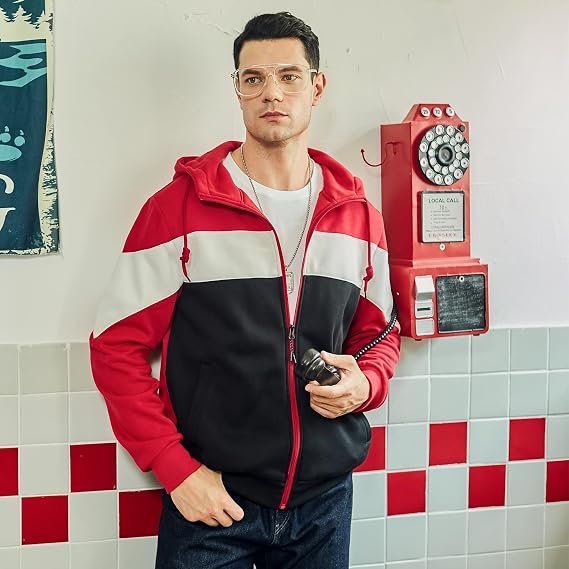 Men's Casual Workout Hoodie Full Zip Tops Drawstring Stitching Collision Color Long Sleeve Hooded Sweatshirt
