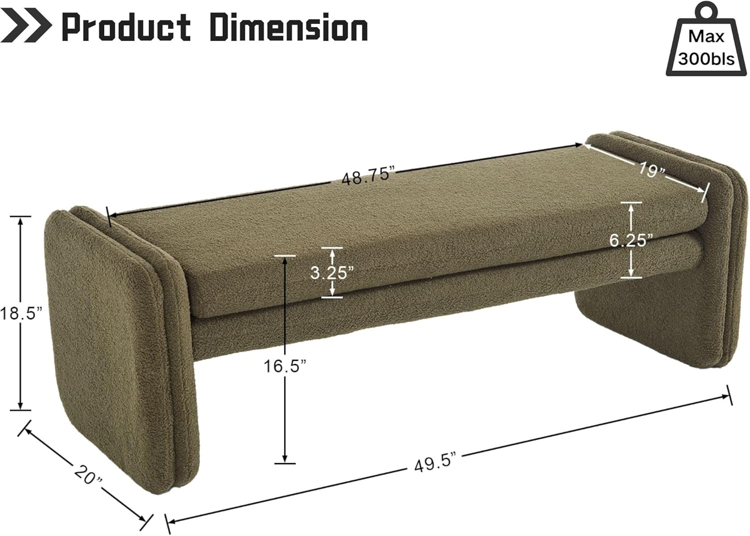 HNY 49.5’’ Modern Green Boucle Fabric Bench, Faux Sherpa Upholstered Entryway Bench, End of Bed Ottoman Bench with Removable Bench Seat Cushion Bedroom Window Entry Corner Bench for Living Room/Foyer