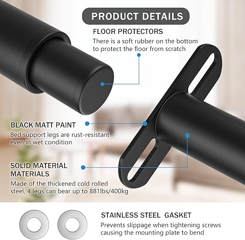 Miniatura 2 de 4 patas de soporte de cama de metal ajustables, 7.08 a 13 pulgadas, para listones de madera, patas de repuesto, 881 libras881.8 lbs