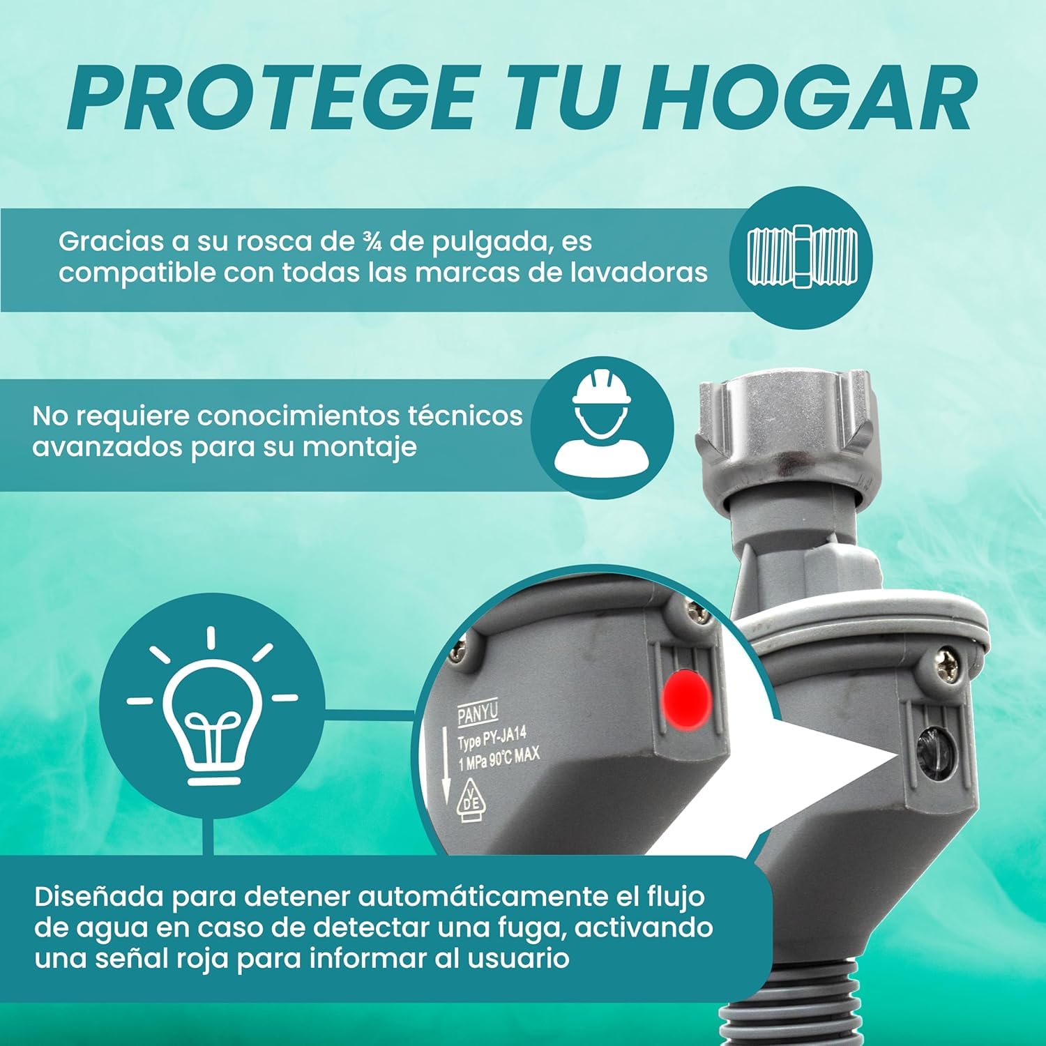 Manguera Aquastop 3M | Compatible con todas las Marcas de Lavadora y Lavavajillas | Conexión de 3/4" | Sistema Antifugas | Seguridad Contra Inundaciones | Certificación VDE