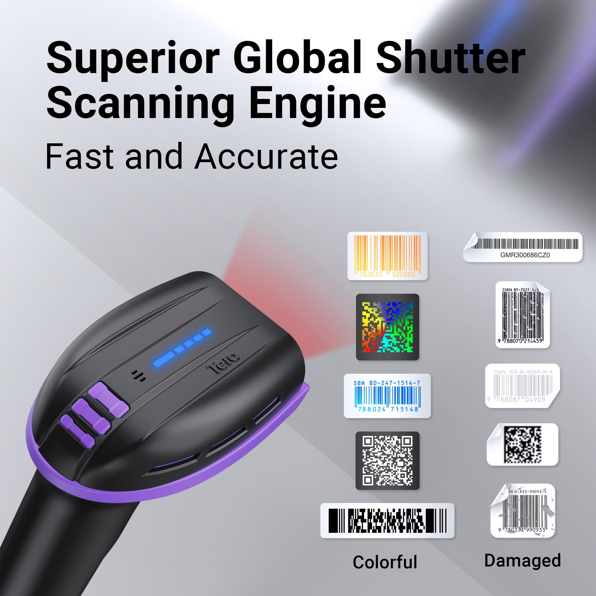 Tera Pro Barcode-Scanner Akku 4400mAh Kabellos 2D QR Bluetooth 2.4G Wireless USB D6100 Lila
