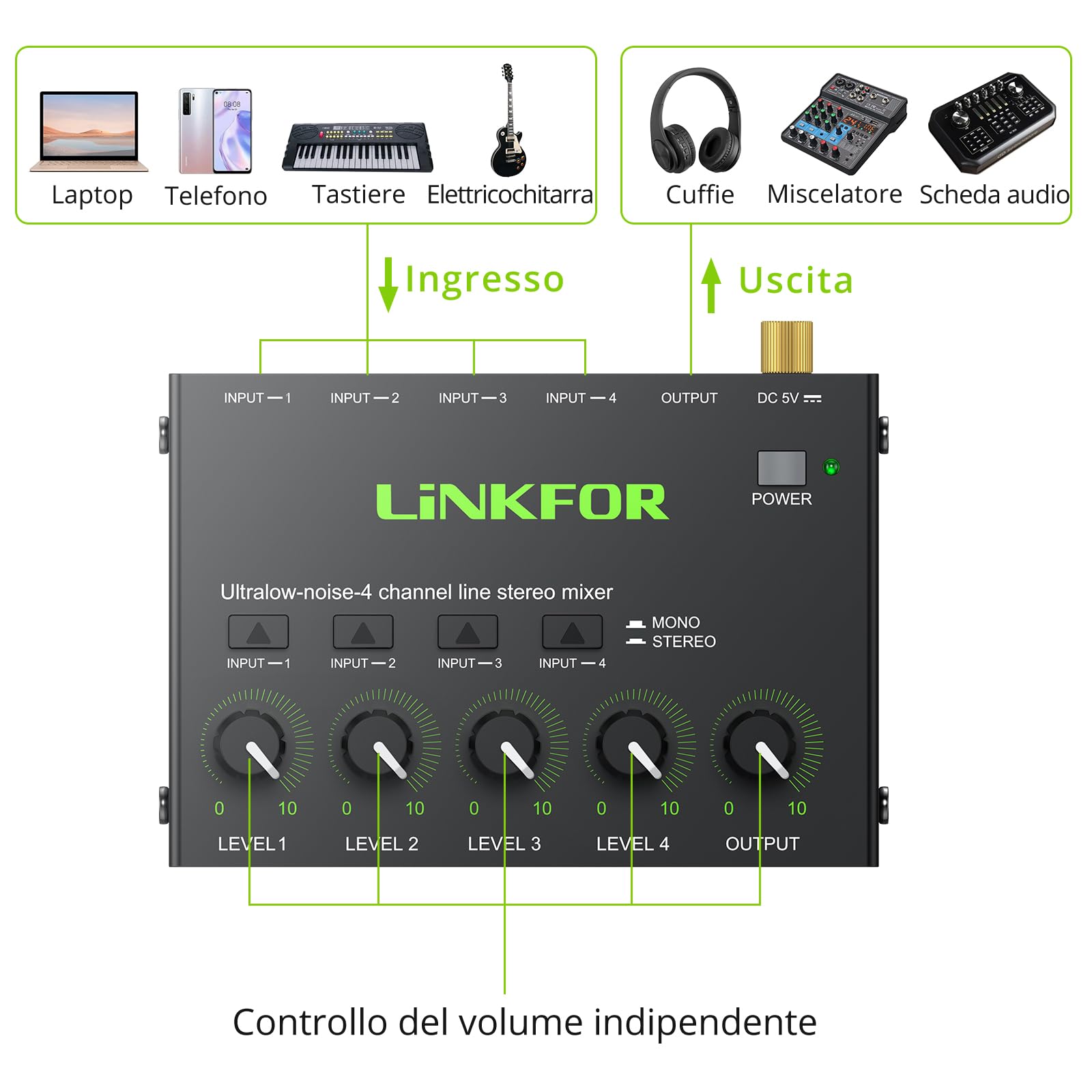 LiNKFOR Mixer Audio 4 Canali Stereo Multifunzionale 4 Channel Audio Mixer con Controllo Indipendente del Volume Audio Mixer 4 Canali per Piccolo Bar Microfoni Chitarre Bassi Tastiere e Mixer di Palco