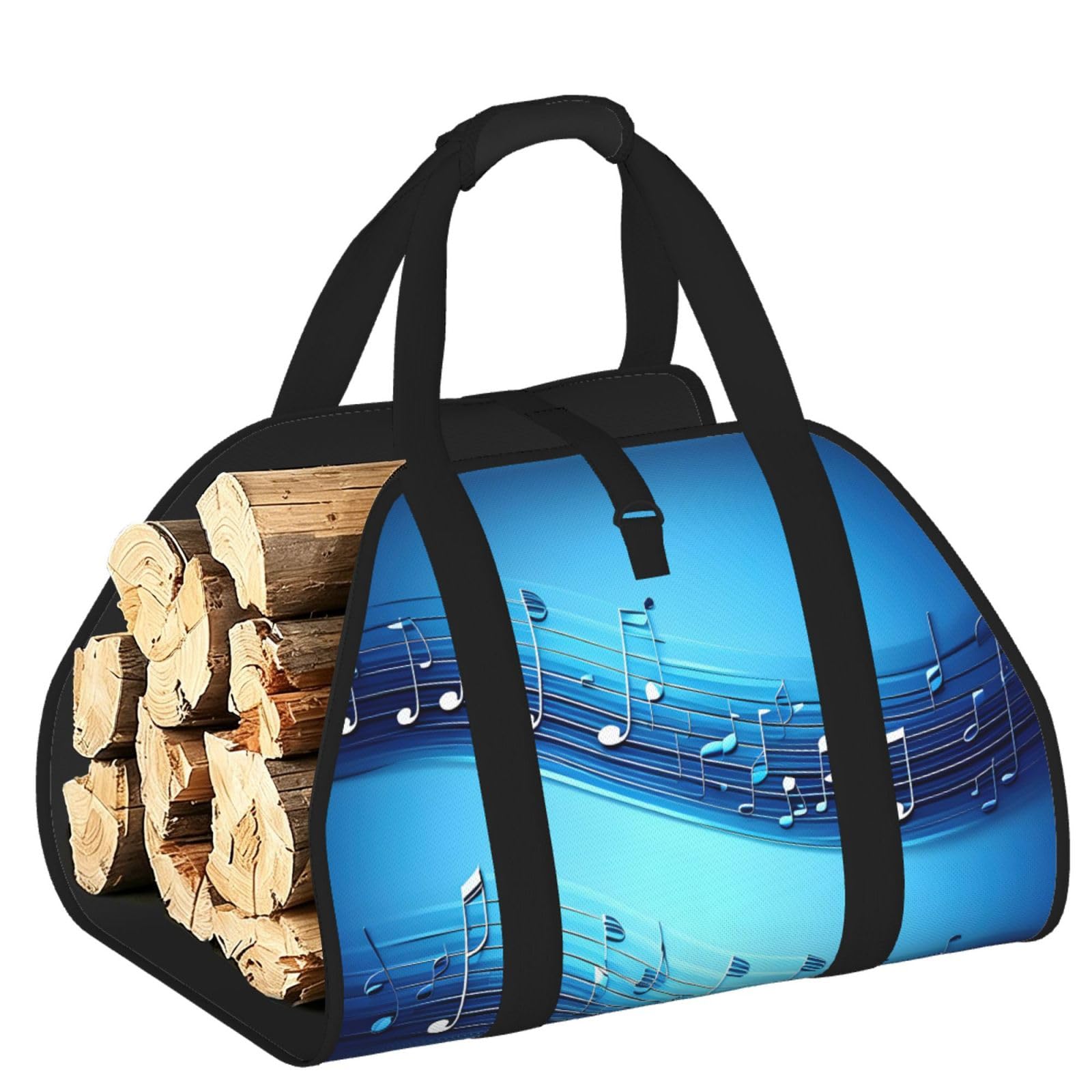 Sky blue musical notes Printed Firewood Carrier Bag, Log Tote with Open-Ended Design for Camping Outdoor Wood Hauling