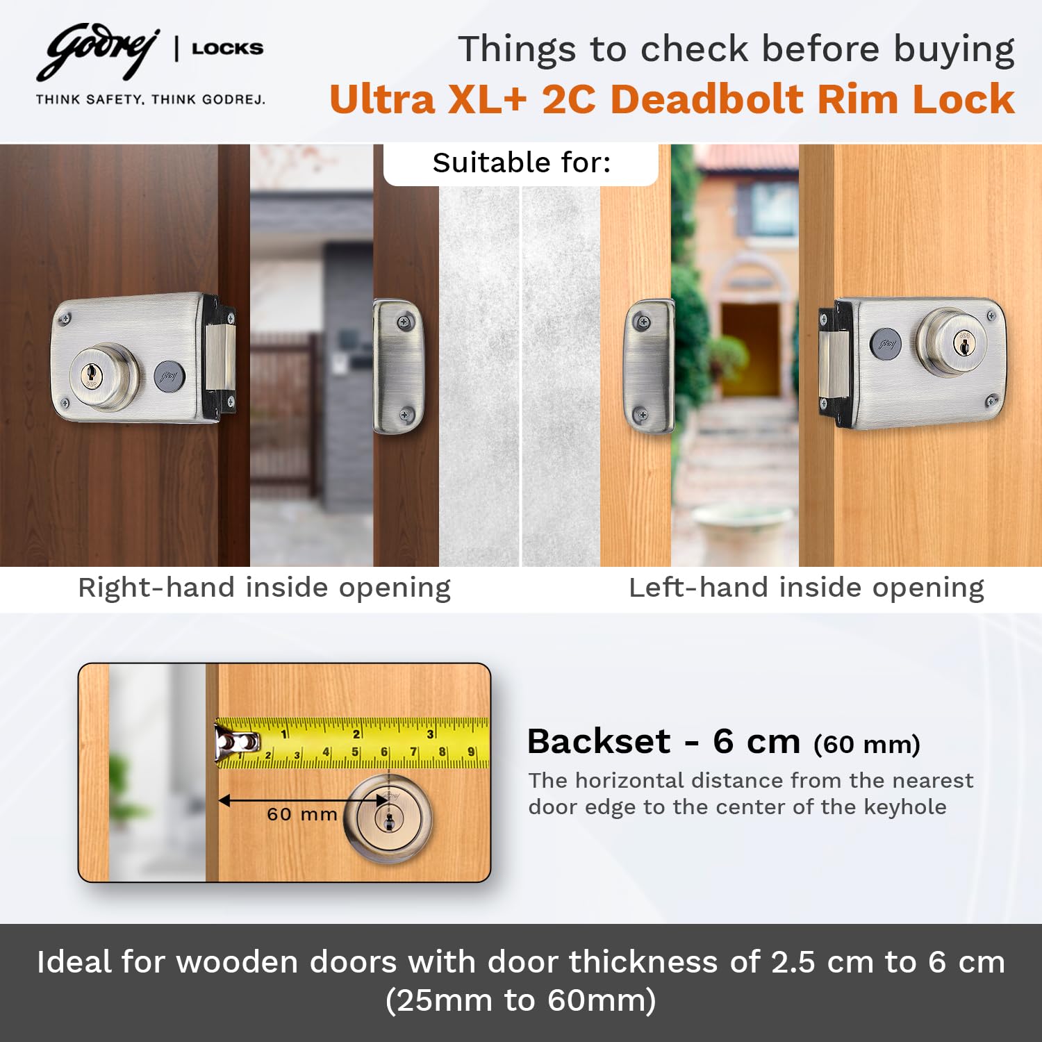 Godrej Rim Lock I Rim Deadbolt Ultra XL+ I 2C Deadbolt I for Inside Opening Wooden Main Door | Left/Right Handed Doors I 4 Keys I 5-Year Warranty I Manual Locking I Antique Brass Finish — Amazon image 5