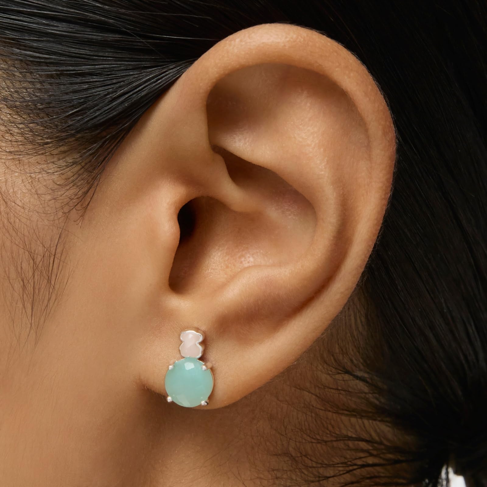 TOUS Pendientes de Plata de Primera Ley para Mujer con Cierre a Presión y Motivo de 1.2cm en Amazonita y Cuarzo, Versátil y Combinable, Colección Mini Color