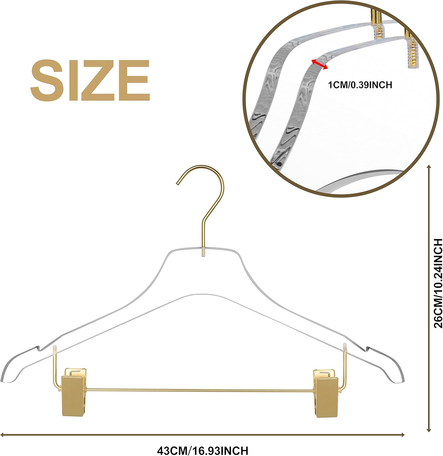 Quality Lucite Acrylic Clear Skirt Pants Trousers Bottom Hangers 5-Pack, with Adjustable Metal Clips, Made of Clear Acrylic for a Luxurious Look and Feel with Swivel Hook (Gloss Gold, 5)