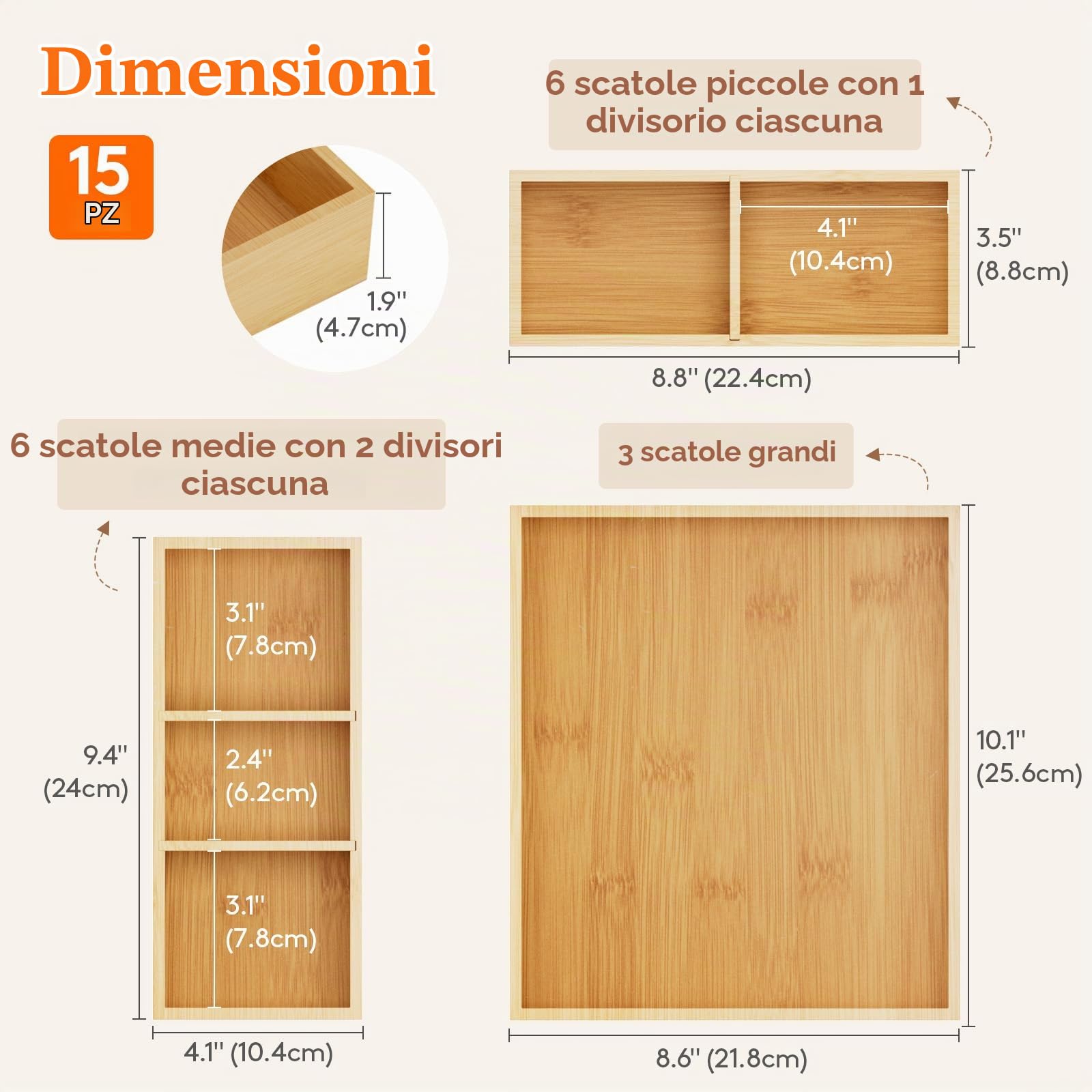 Lifewit Set di 15 Organizer Cassetti con 18 Inserti, Scatola Portaoggetti Regolabile con 33 Scomparti, Contenitori Divisori Cassetti in Legno per Utensili da Cucina, Trucco, Gioielli, Ufficio, Bagno