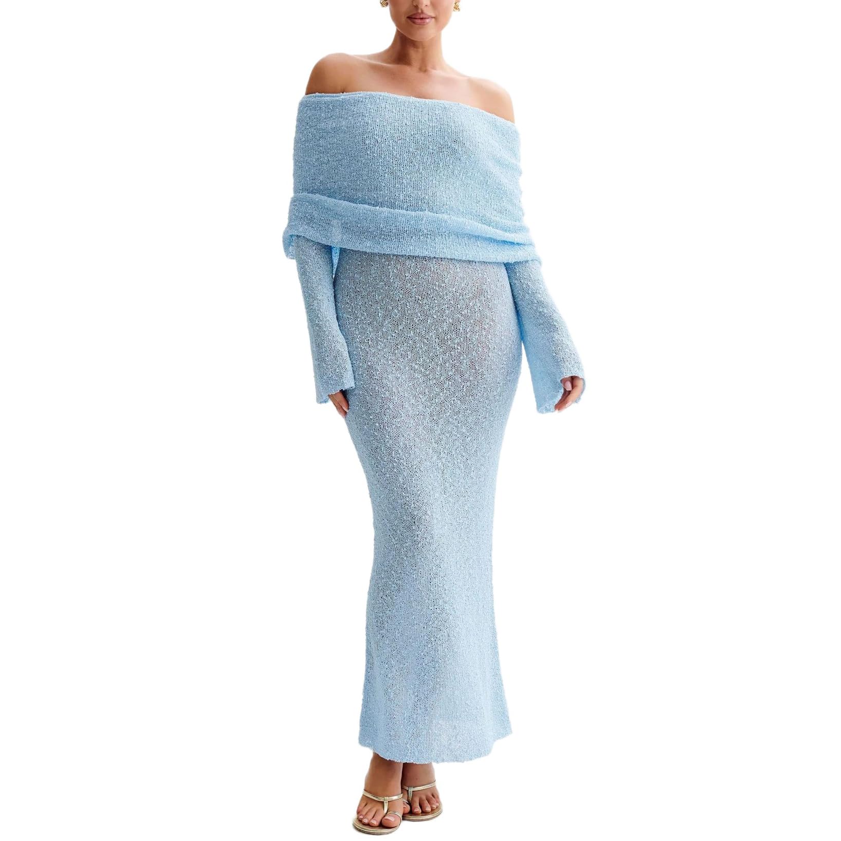 Donne Fuori della Spalla a Maglia Svasato Manica Bodycon Spiaggia Casual Coprire su Abiti,Blu,S