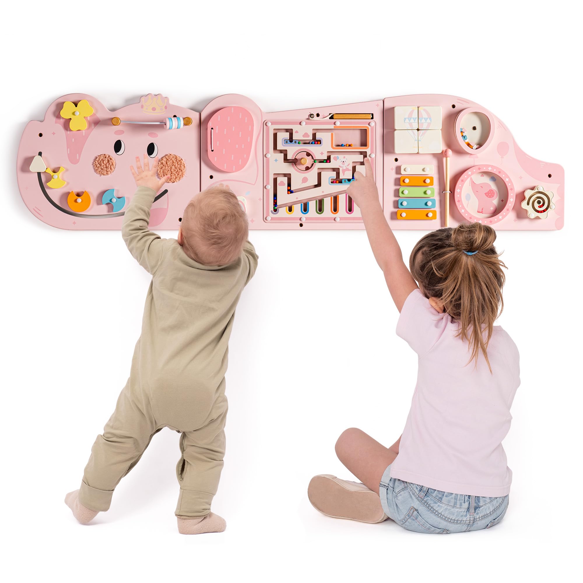 ROBUD Elephant Montessori Busy Board, 12-in-1 Activity Wall Busy Board, Montessori Sensory Wall Panel for Boys & Girls, Toddler Learning Activity Center for Playroom, Nursery, Pink