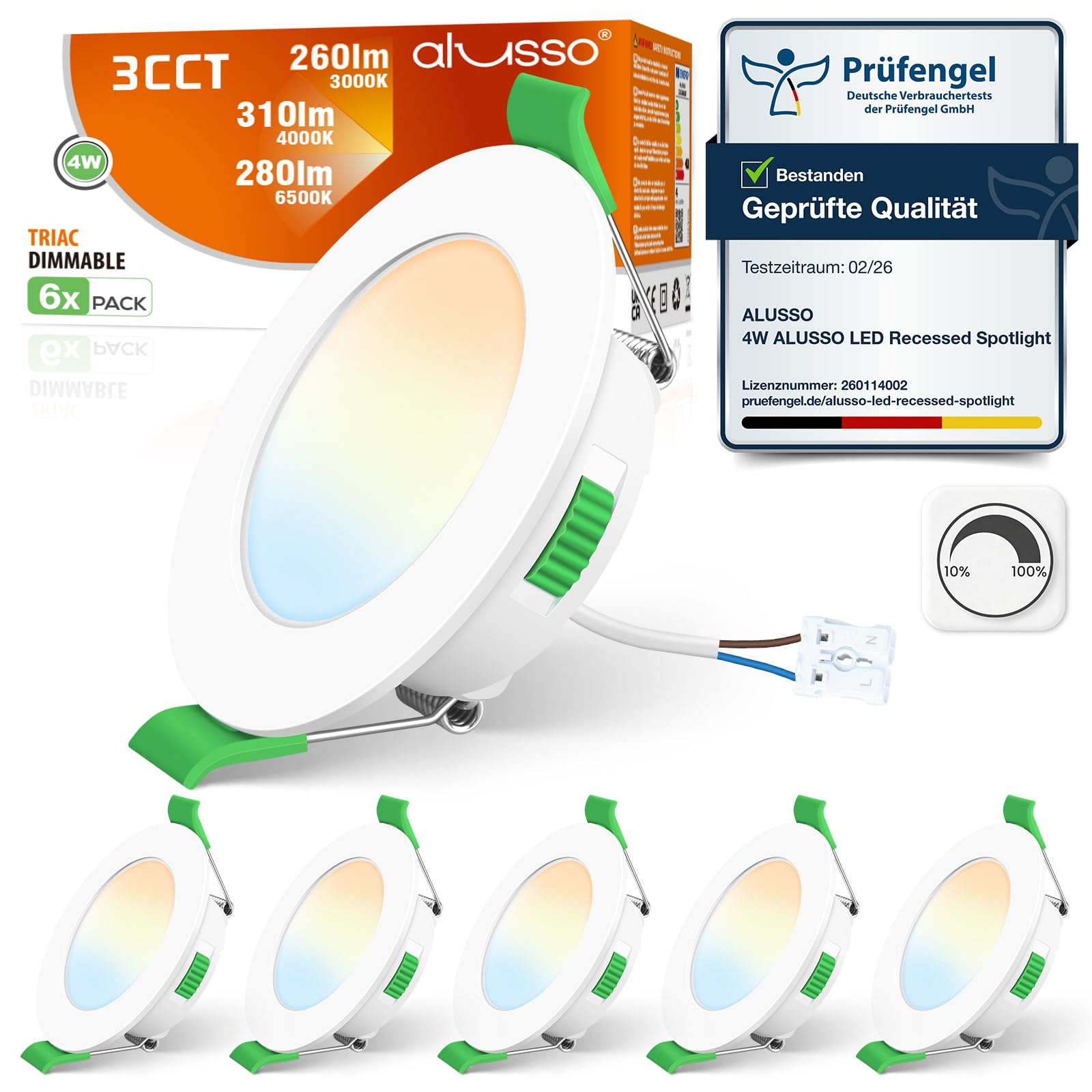 ALUSSO LED Einbaustrahler 230V 68mm Dimmbar, 4W LED Spot Ultra Flach 310LM, IP44 Bad Einbauleuchten, Warmweiß 3000K Neutralweiß 4000K Kaltweiß 6500K Deckenspots für Badezimmer Wohnzimmer, 6er Set