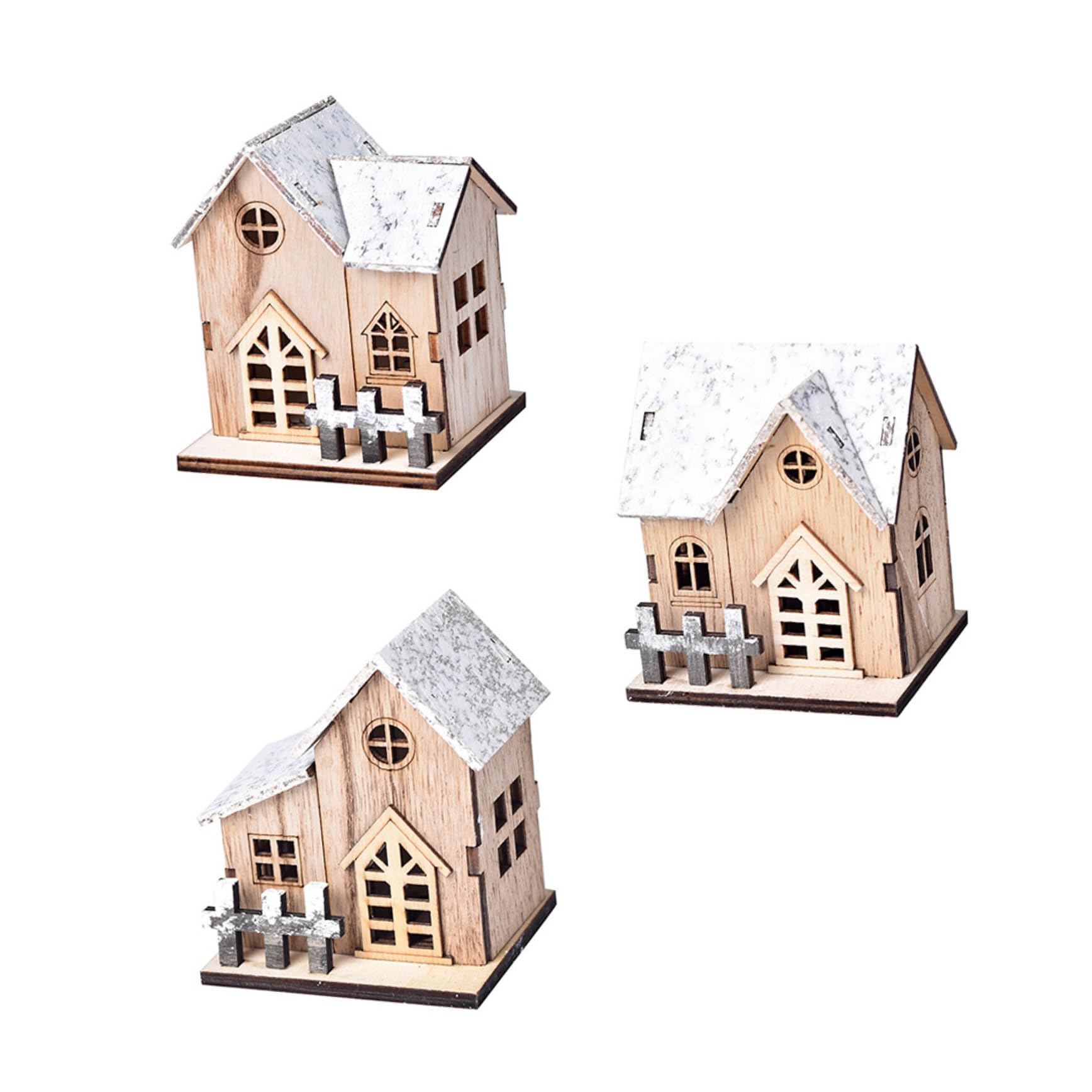 3piezas Adorno Navideño de Escritorio Casa de Madera Luminosa Decoración Navideña Hogar Casa de Madera Escena Navideña para Decorar Interiores