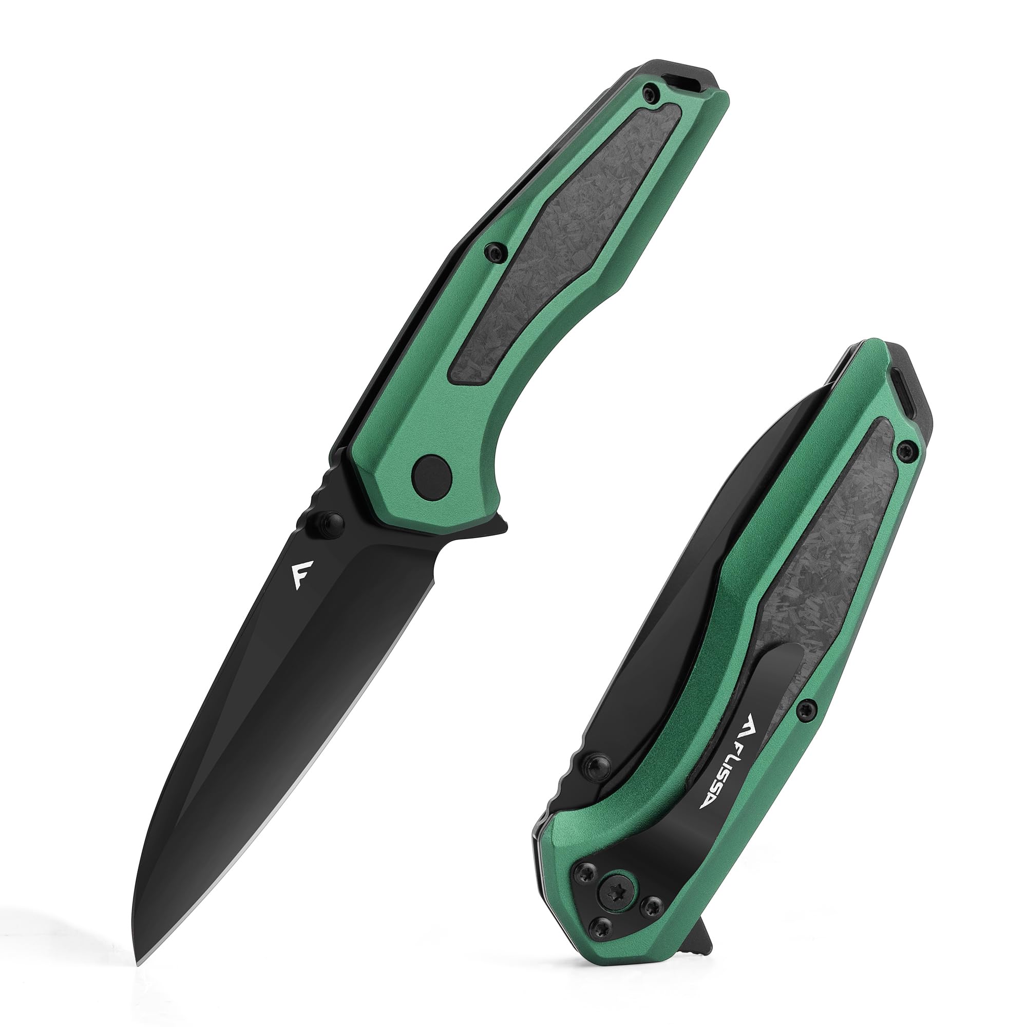 FLISSA Folding Pocket Knife, EDC Knife with SANDVIK 14C28N Steel Blade,Shredded Carbon Fiber Aluminium Combined Handle, Pocket Clip and Thumb Stud for Camping Hiking Outdoor(Green)