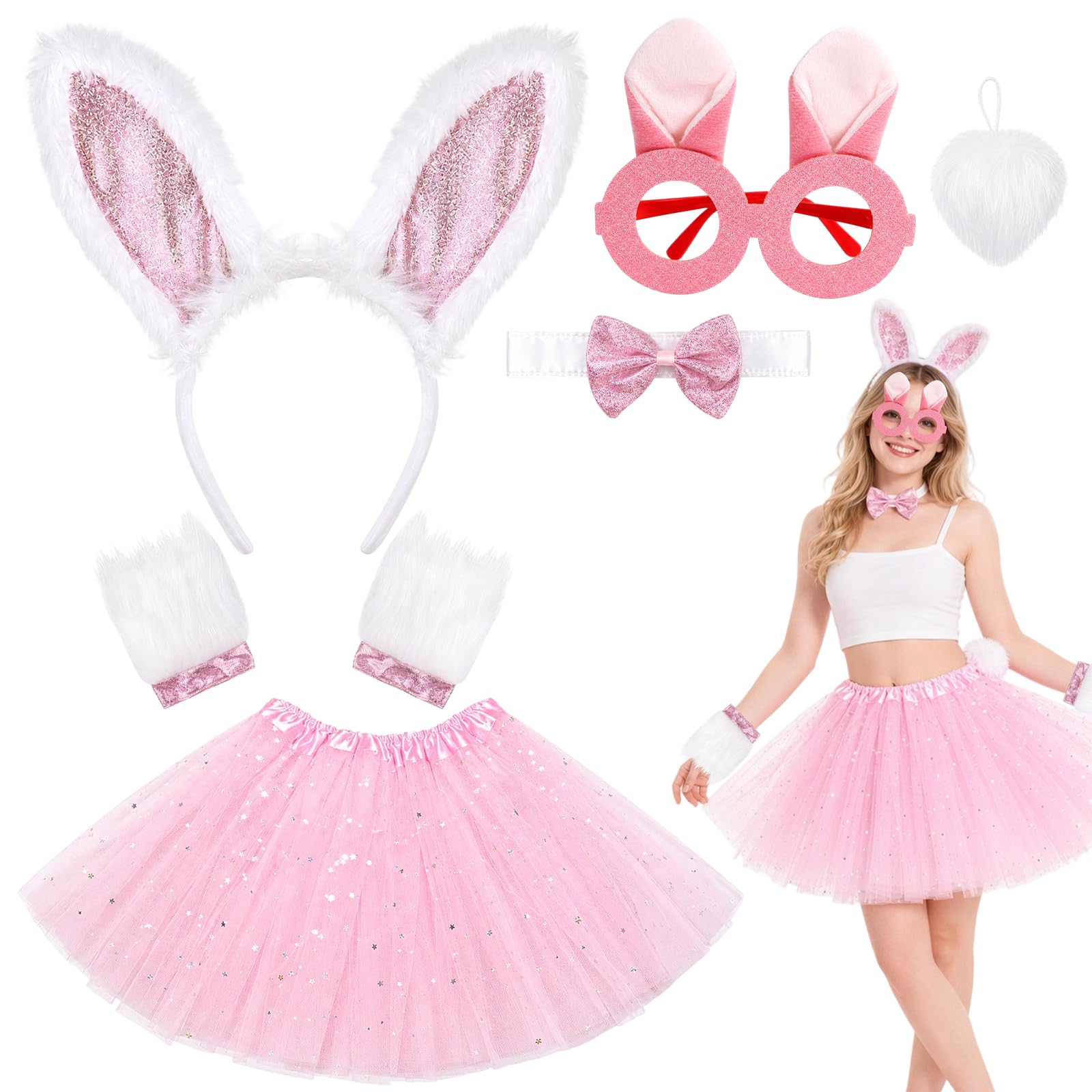 CYCFMYYLY 6PCS Bunny Costume Set for Halloween, Sparkling Pink