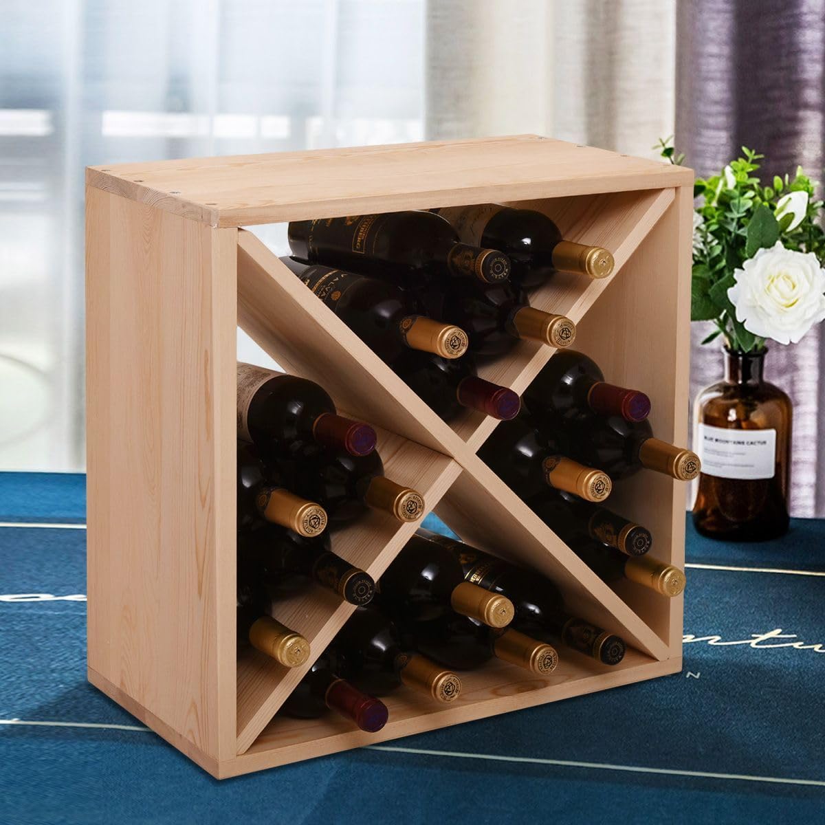 24 Bottle Modular Wine Rack, Stackable Wine Storage Cube Bar Storage Kitchen Decor Wood Display Home,Natural (1)