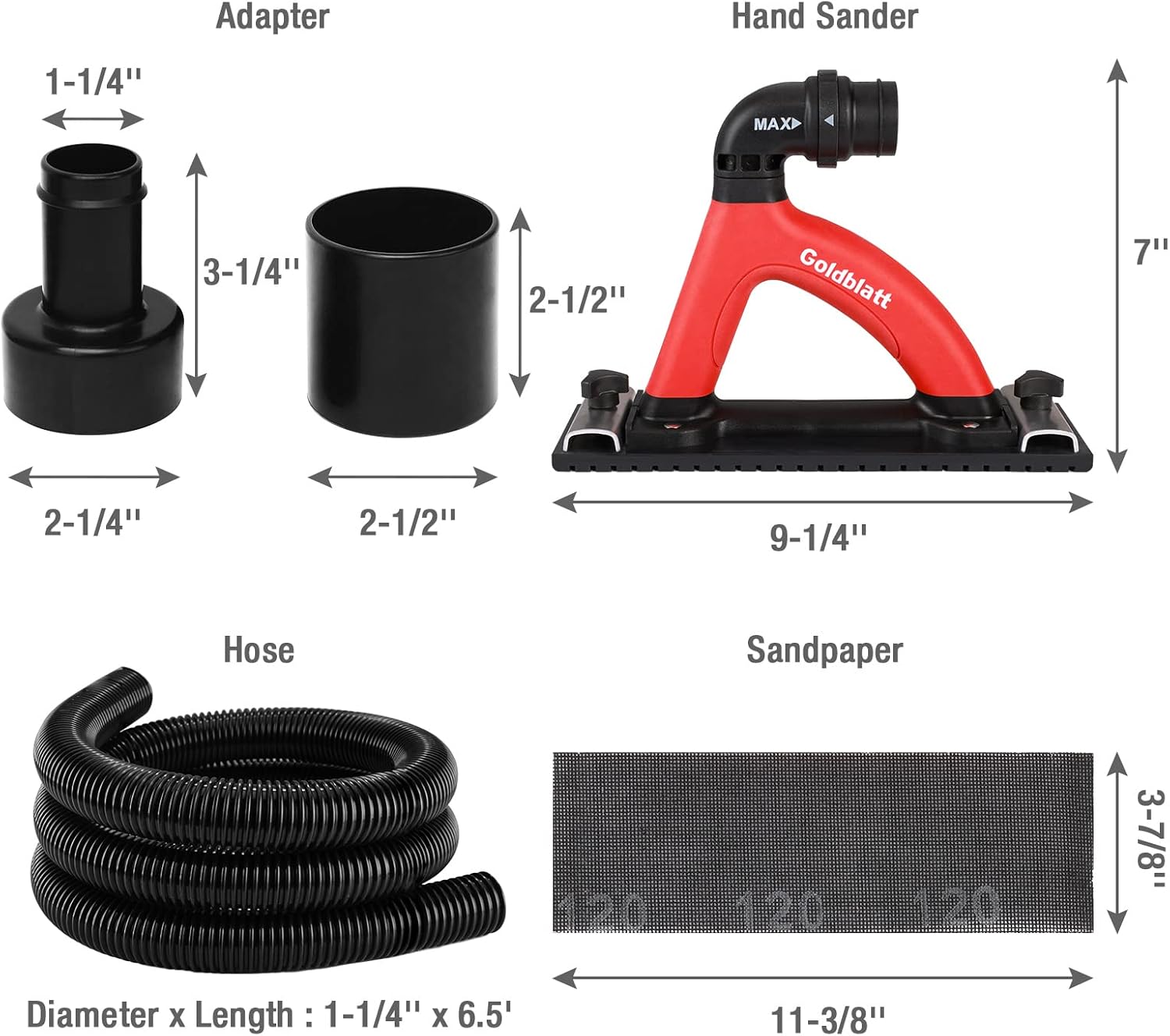 Goldblatt Dust Free Hand Sander, Dustless Drywall Vacuum Sander, with 6.5 ft Hose, Sanding Pad, Adapter