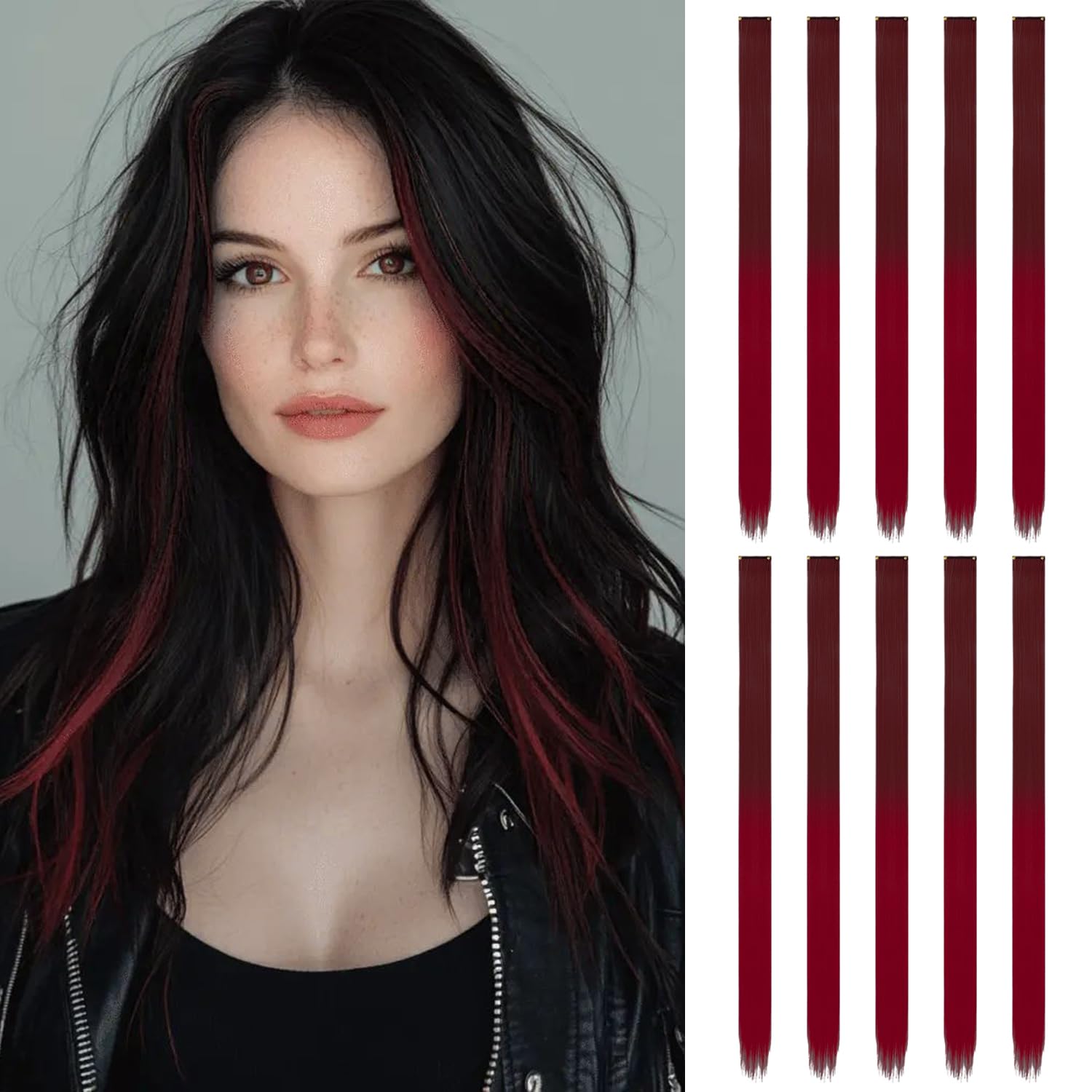 10 Pcs Red Hair Extensions, Dark Red-wine red gradient, 22 inches
