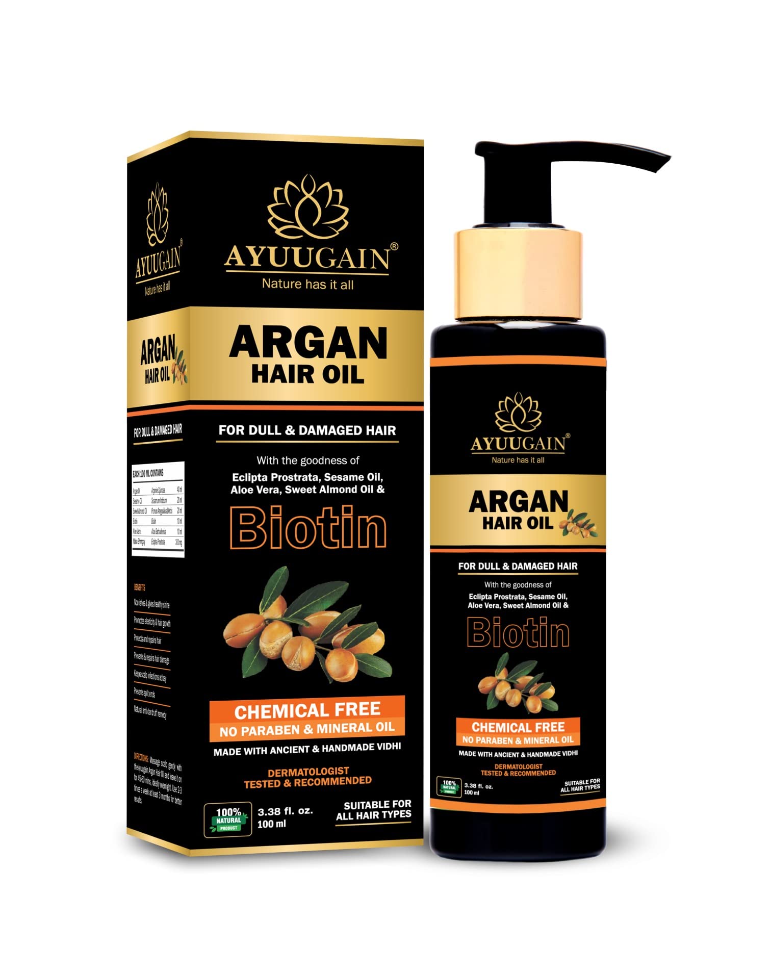 Ayuugain Argan Hair Oil For Men and Women with Pure Argan Oil, Biotin, Aloe Vera, Mahabhringraj & More | Promotes Hair Growth, Damaged Hair Repair, Hair Fall Control | Mineral Oil Free - 100 ml