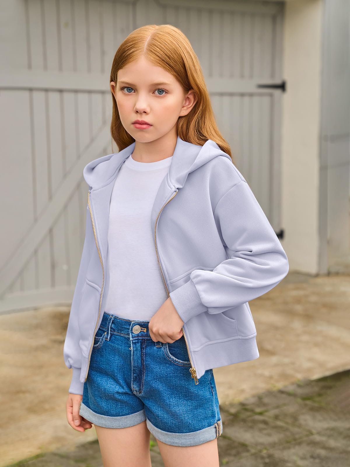 Haloumoning Felpa con cappuccio da bambina con cerniera, casual, a maniche lunghe, con tasche, 5-14 anni