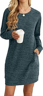 PrinStory Women's Pullover Dress, Casual Dresses, Crew Neck, Sweat Dress with Side Pockets
