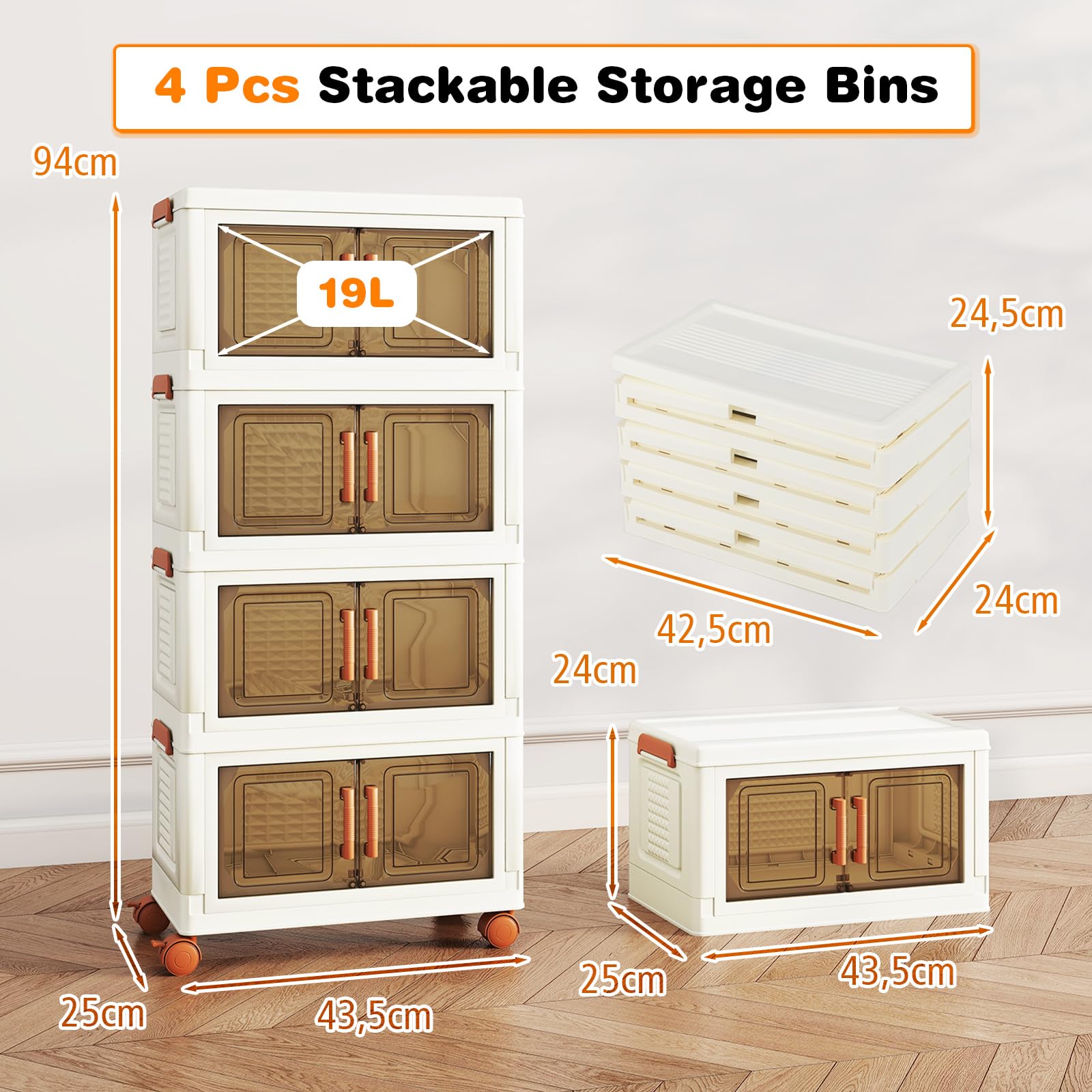GIANTEX Opbergdoos met deksel, 98 l x 3 stapelboxen, opvouwbaar, opbergdozen met 5 deuren en wielen, opbergbox stapelbaar, plastic doos, opbergdoos, opbergdoos, rolbox