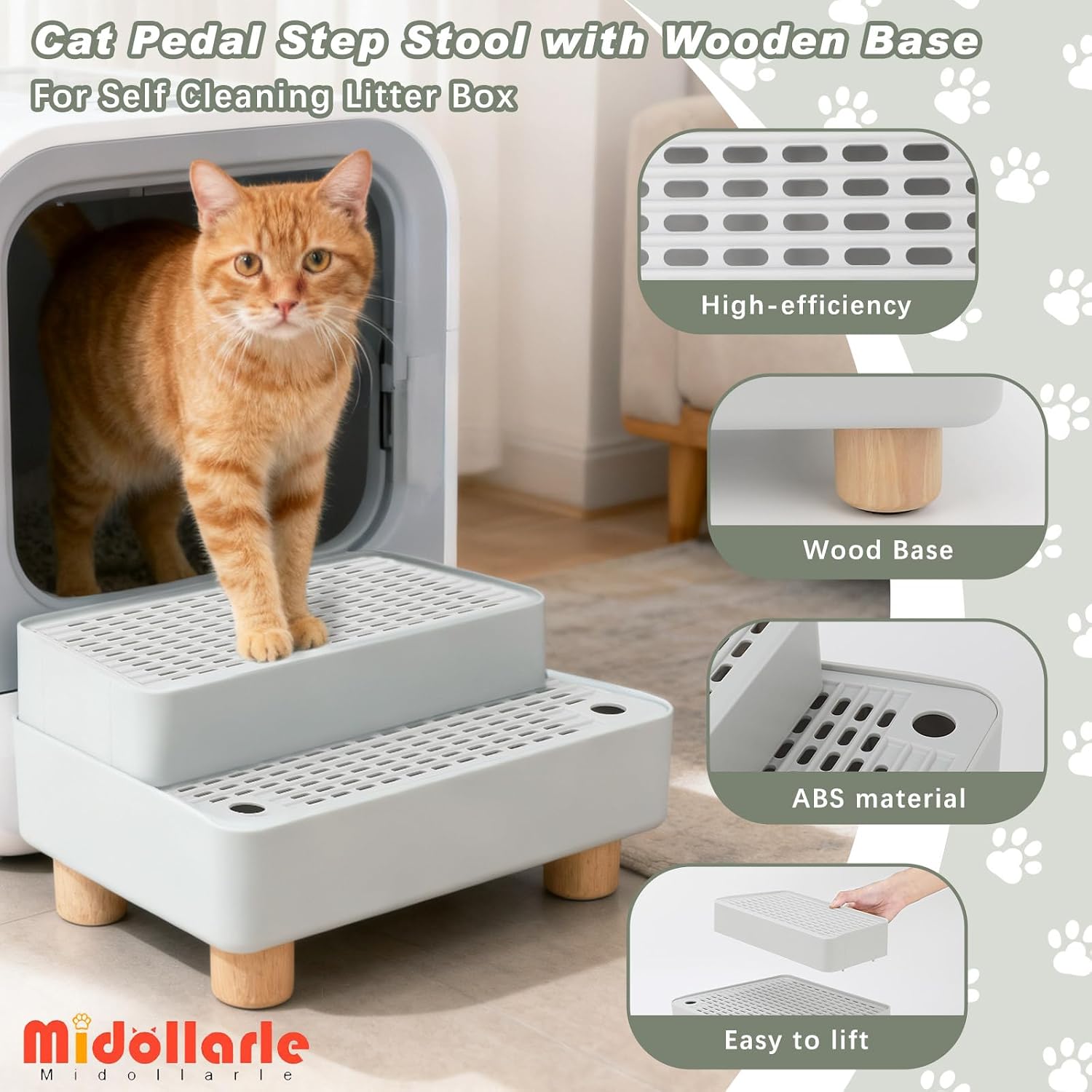Elevated Cat Ramp for Litter Box, 2 Steps Cat Pedal Step Stool with Wooden Base, Detachable Double Layered Cats Litter Trapper, Suitable for Small&Elderly Cats, Non-Slip(Grey)